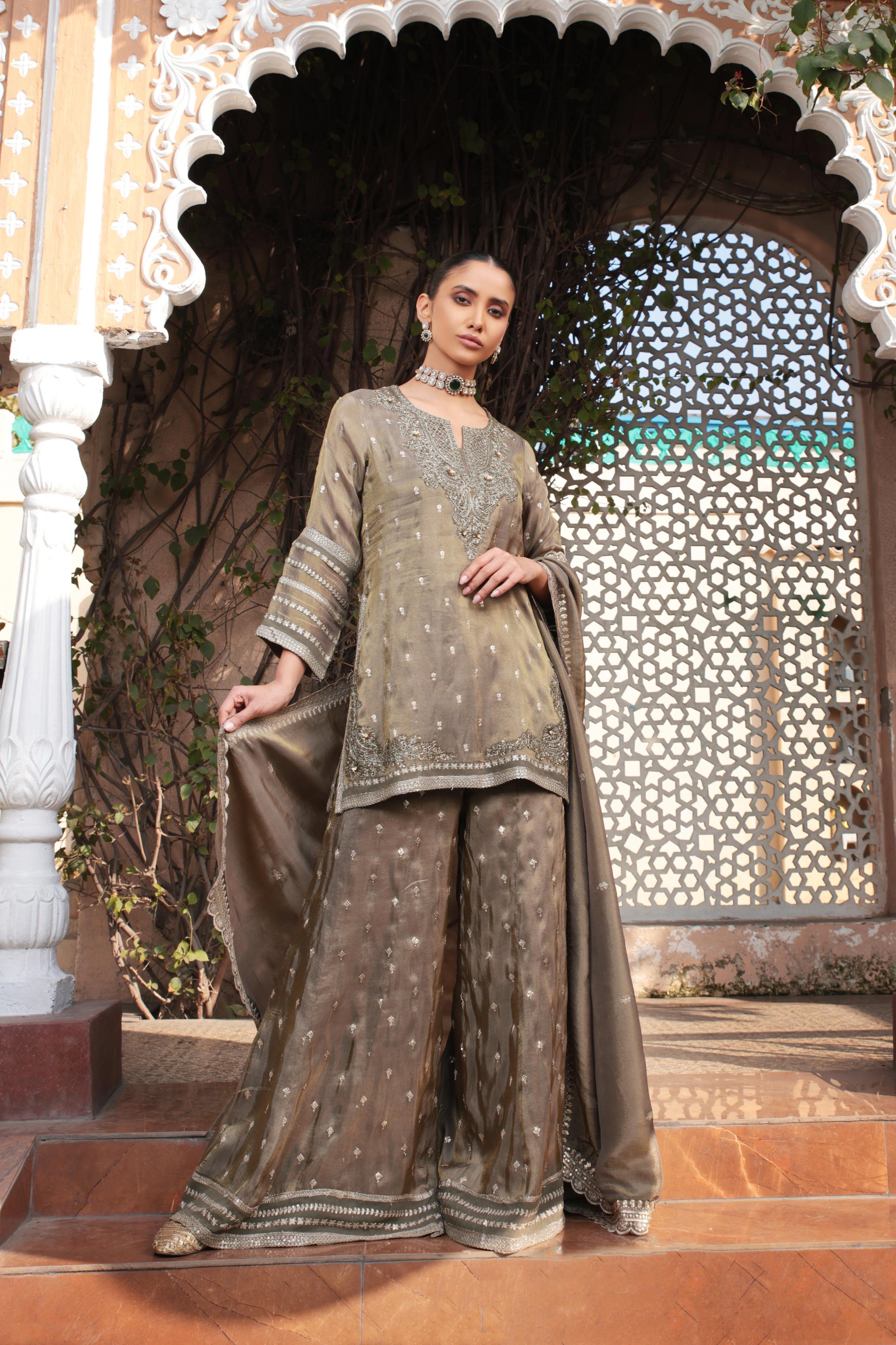 Haute Bronze Embellished Tissue Silk Palazzo Set