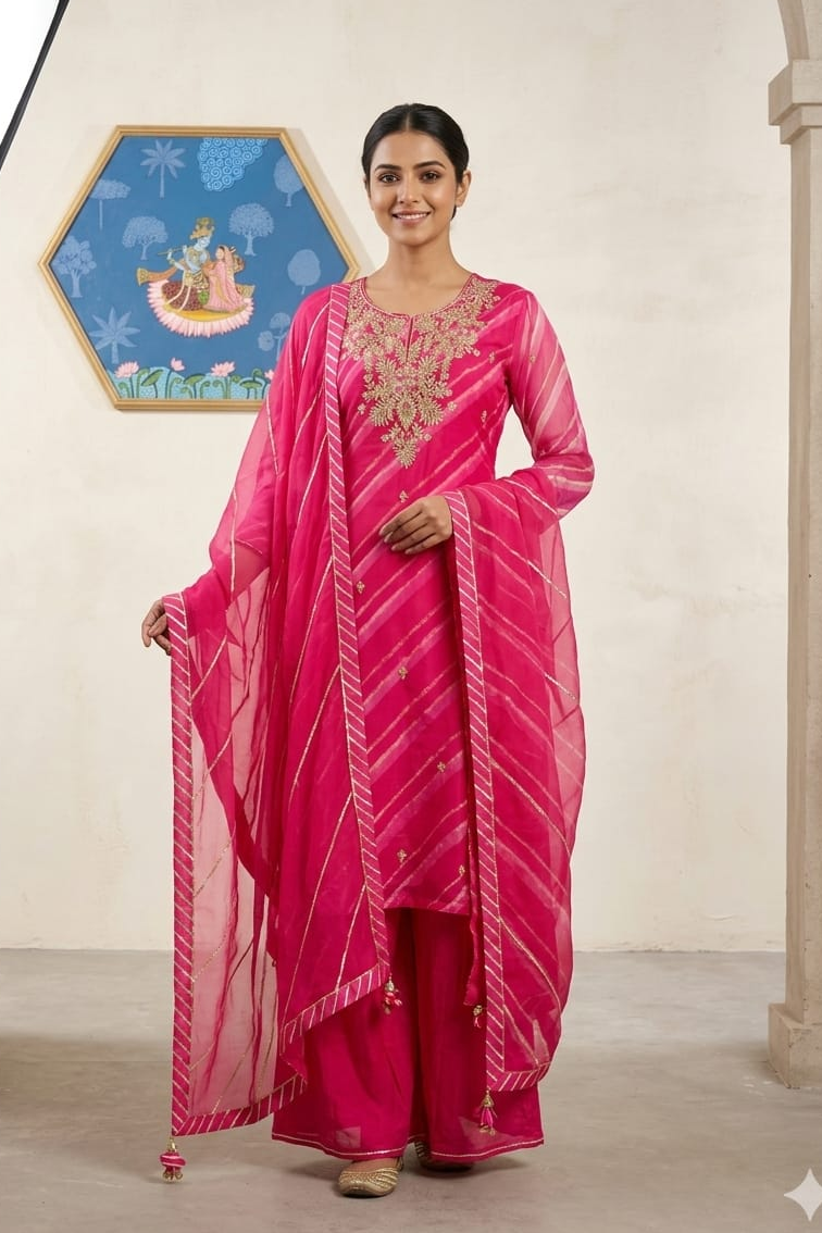 Candy Pink Embellished Organza Silk Palazzo Set