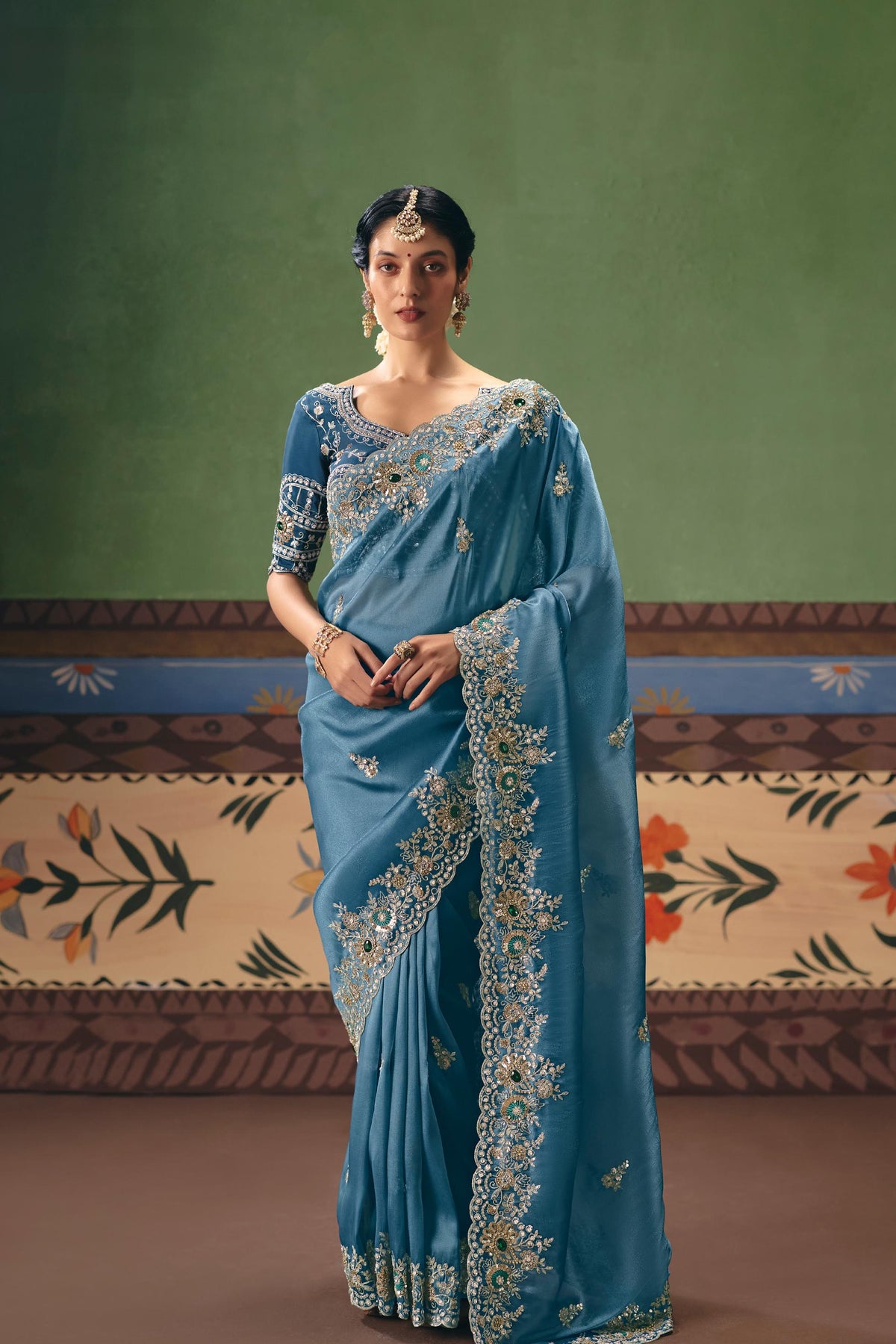 Steel Blue Embellished Tissue Organza Silk Saree