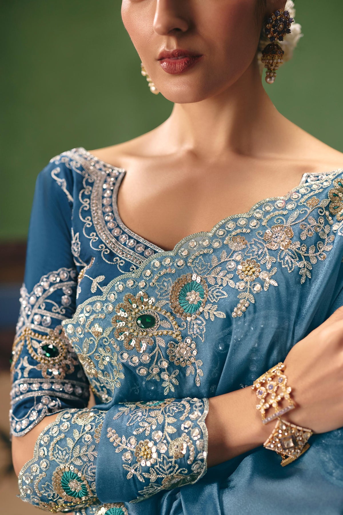 Steel Blue Embellished Tissue Organza Silk Saree