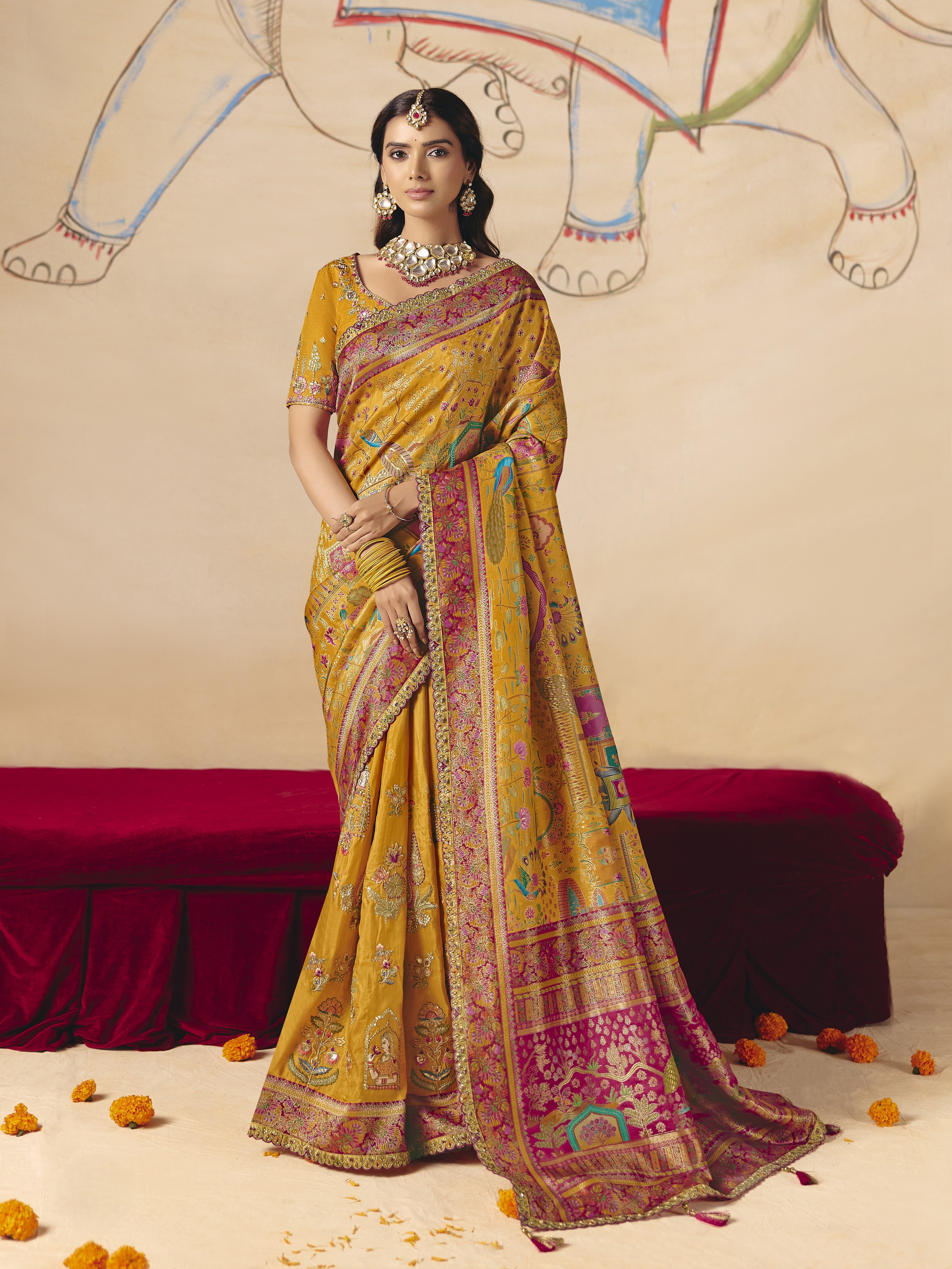 Mustard Gold Embellished Dola Silk Saree