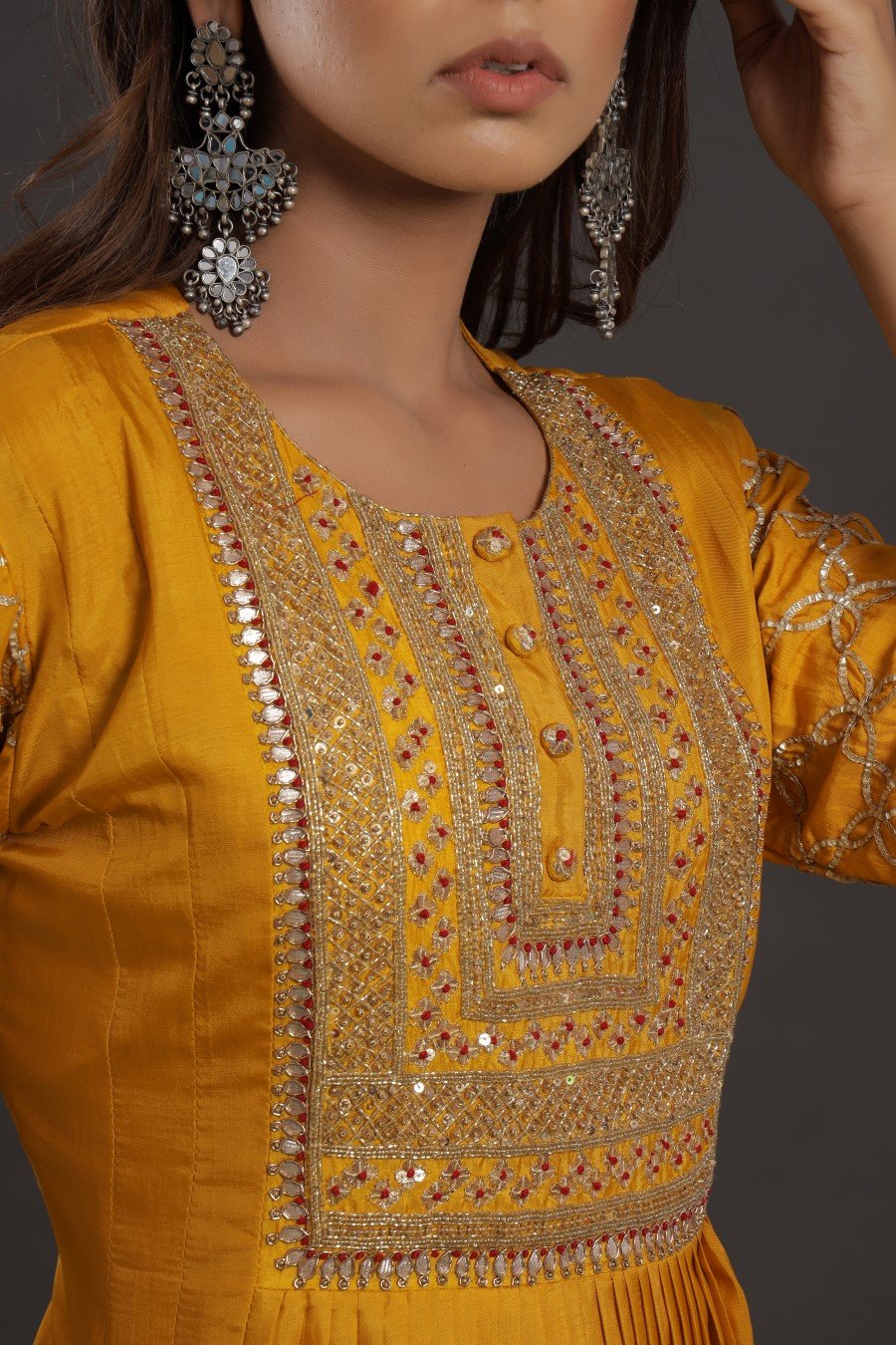 Mustard Chanderi Silk Kalidar Kurta With Embroidery