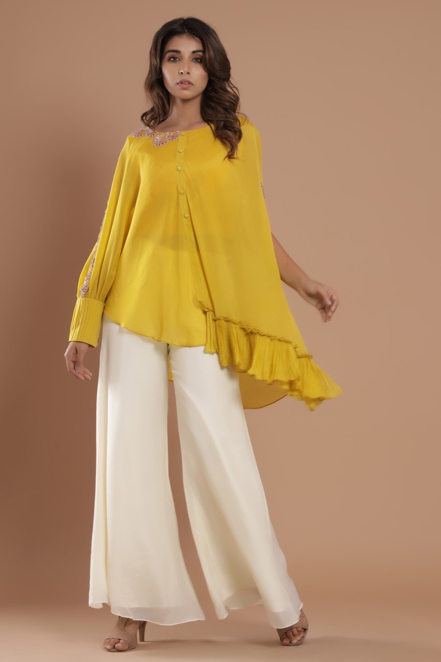Georgette Crepe Golden Yellow Embroidery Kurta With Flair Pant