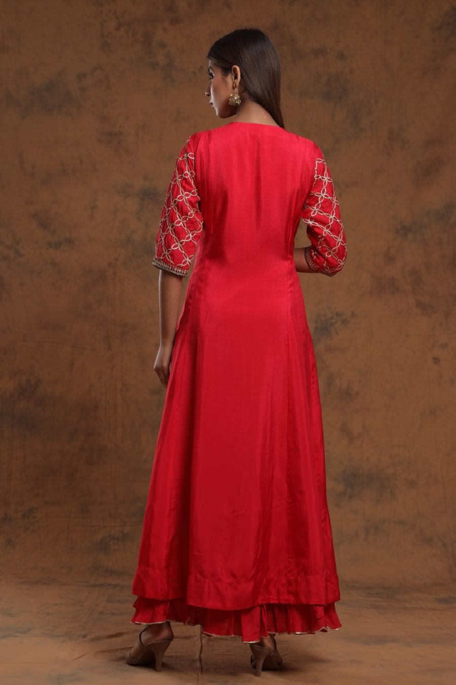 Red Chanderi Silk Kalidar Kurti With Embroidery