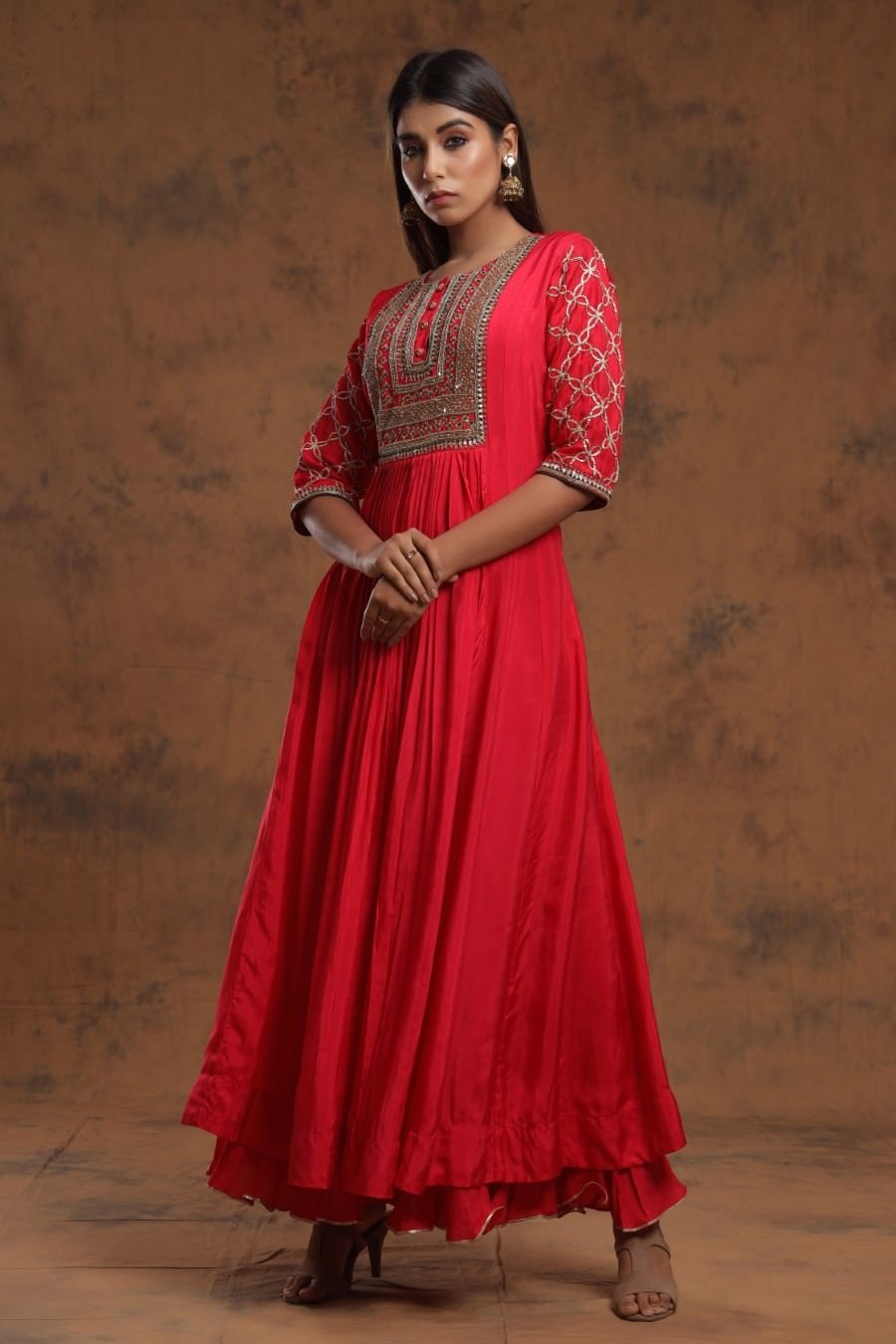 Red Chanderi Silk Kalidar Kurti With Embroidery