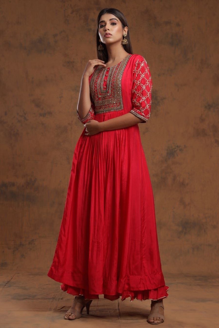 Red Chanderi Silk Kalidar Kurti With Embroidery