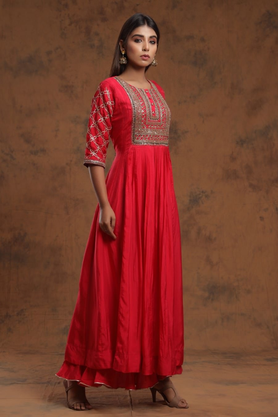 Red Chanderi Silk Kalidar Kurti With Embroidery