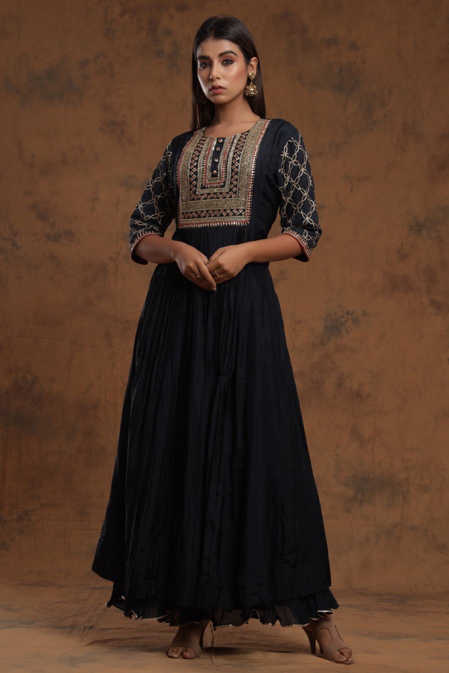Black Chanderi Silk Kalidar Kurti With Embroidery