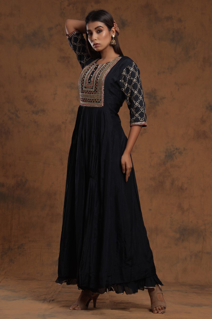 Black Chanderi Silk Kalidar Kurti With Embroidery