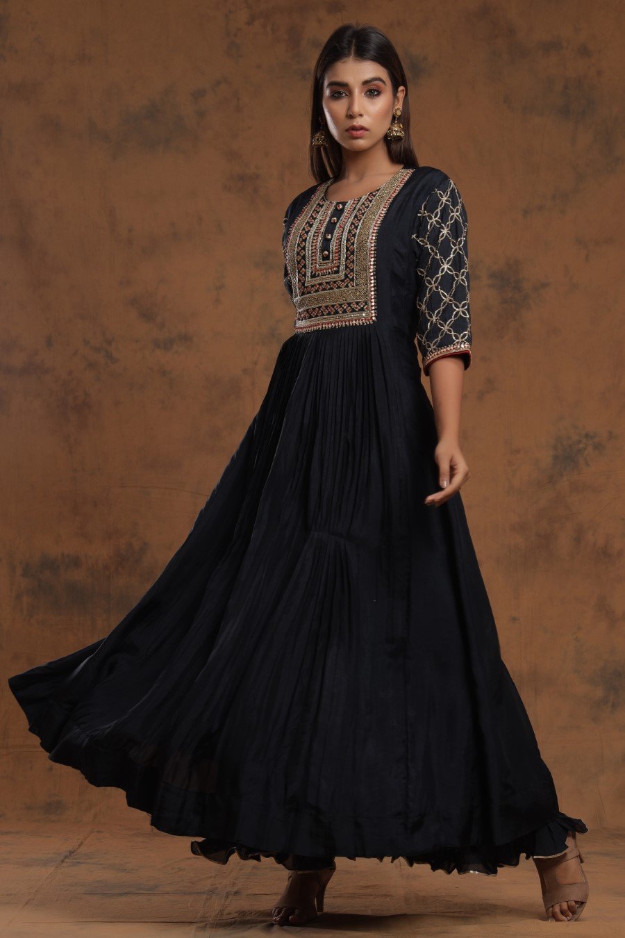 Black Chanderi Silk Kalidar Kurti With Embroidery