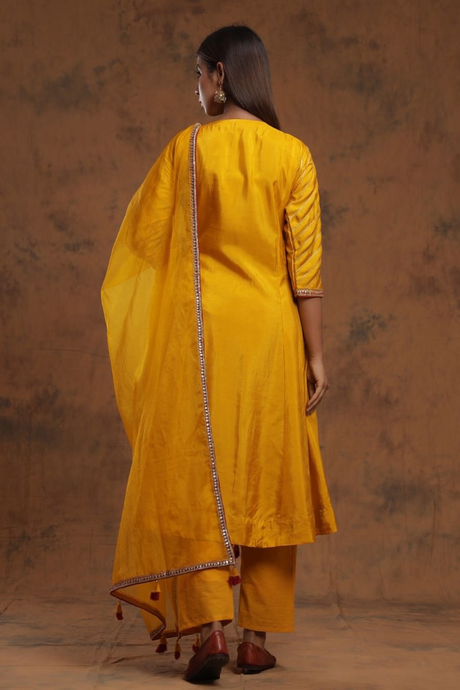 Mustard Yellow Chanderi Silk Kurta Pant Set With Embroidery