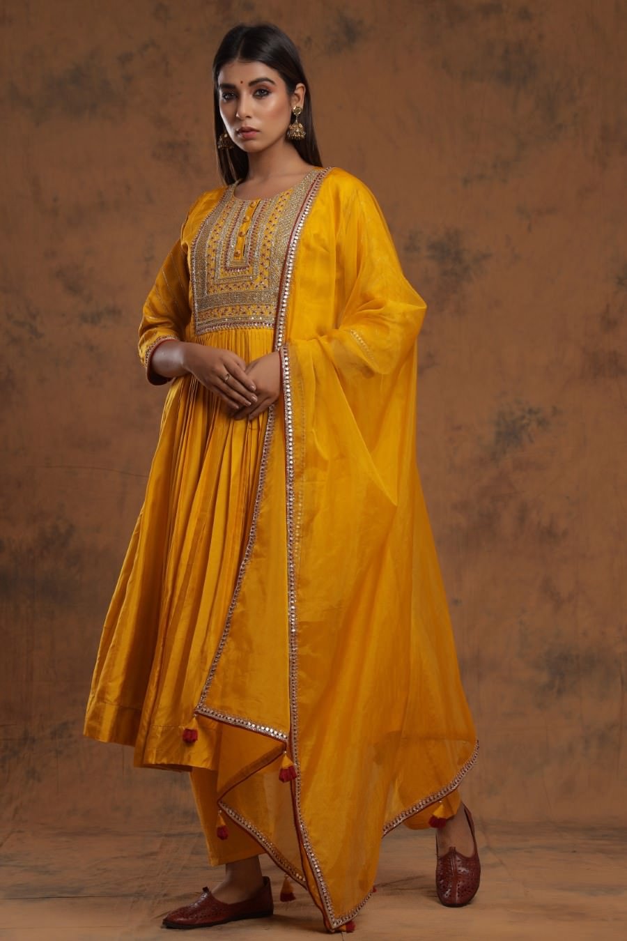 Mustard Yellow Chanderi Silk Kurta Pant Set With Embroidery