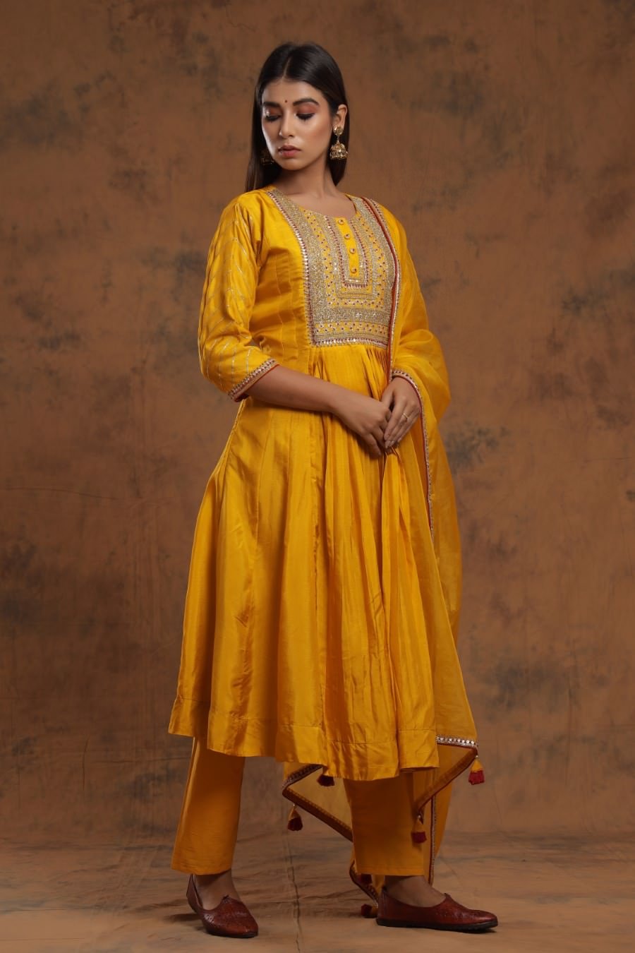 Mustard Yellow Chanderi Silk Kurta Pant Set With Embroidery
