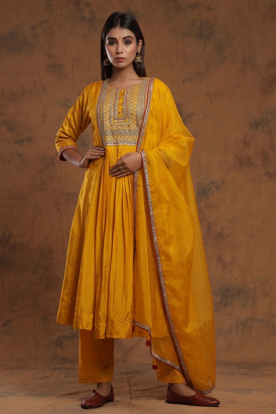 Mustard Yellow Chanderi Silk Kurta Pant Set With Embroidery