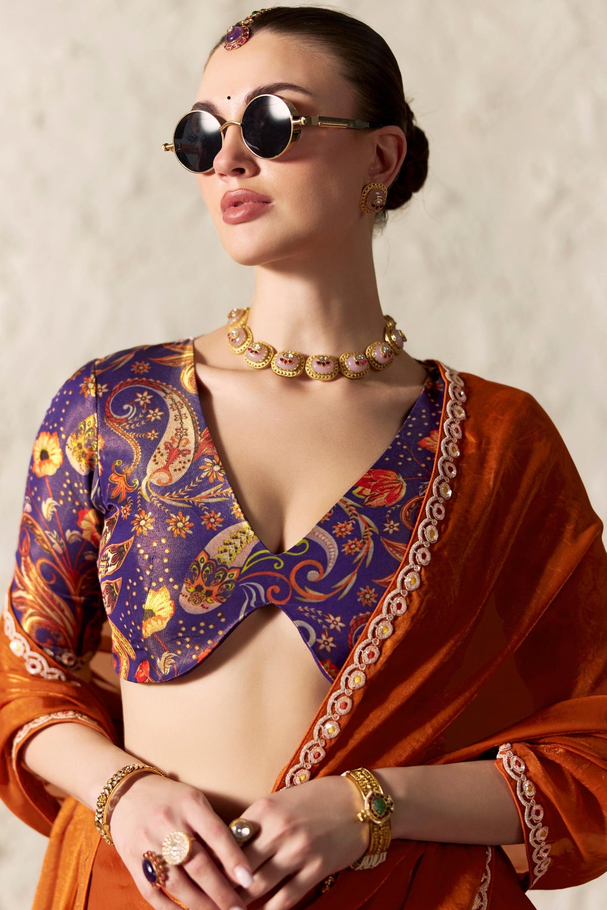 Regal Rust Embellished Tissue Silk Saree