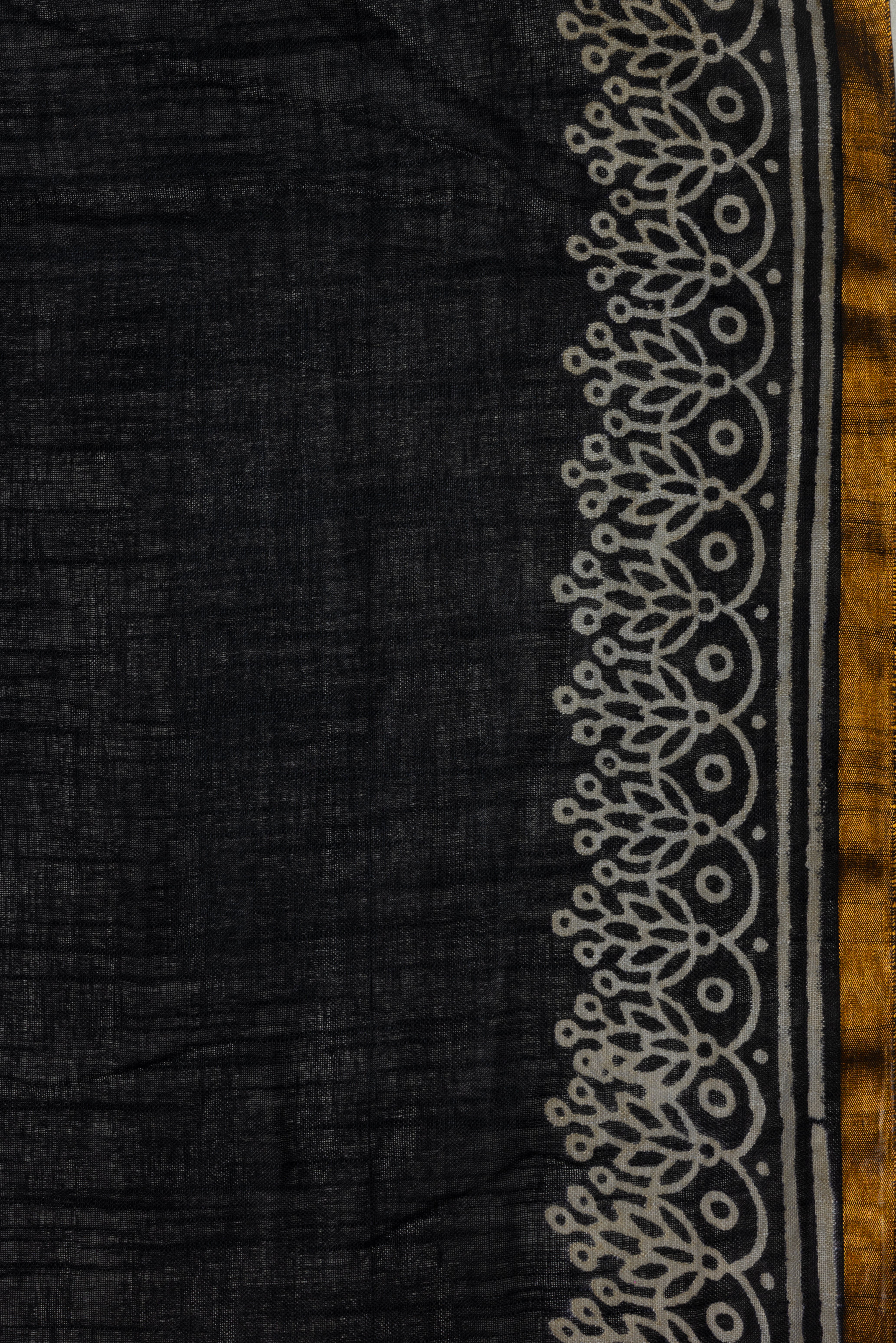 Black Dabu Hand Block Printed Linen Saree