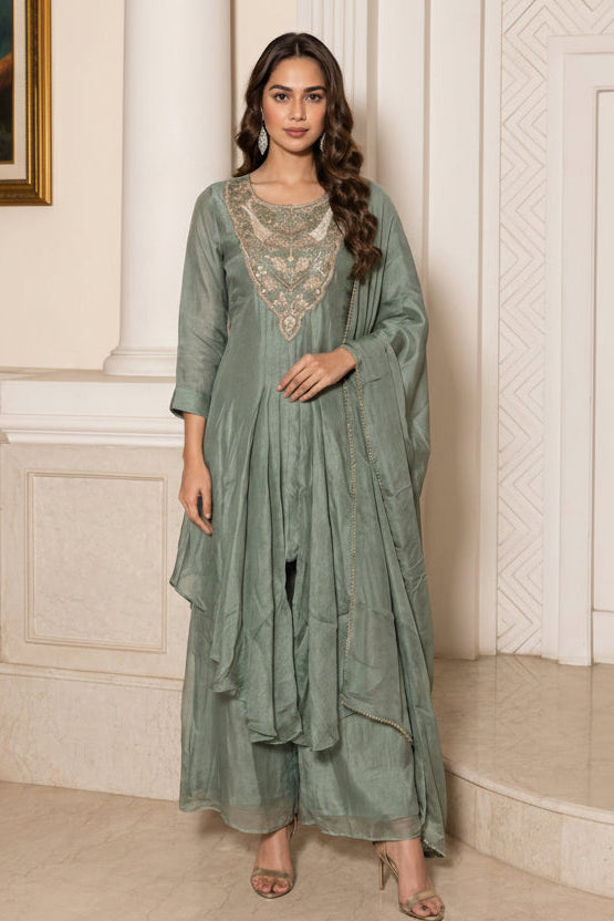 Frost Green Embellished Shimmer Organza Silk Palazzo Set