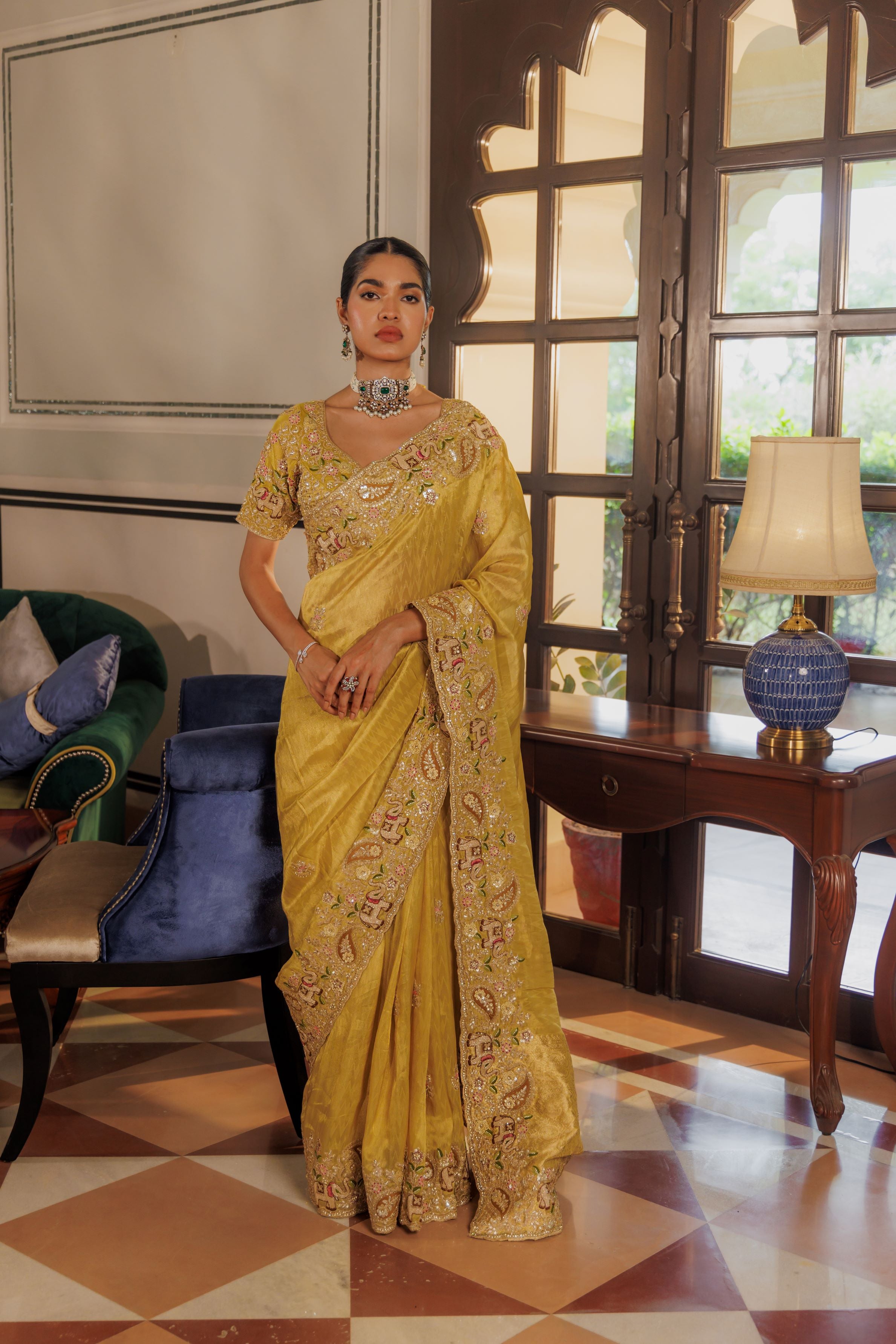 Golden Embroidered Kanjivaram Silk Saree
