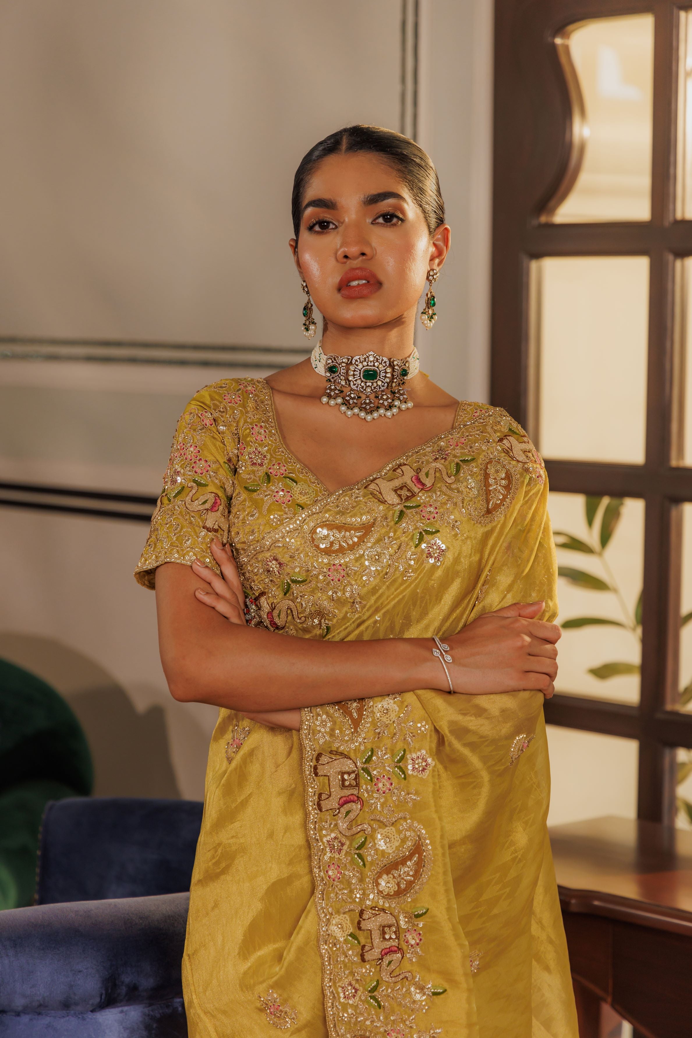 Golden Embroidered Kanjivaram Silk Saree