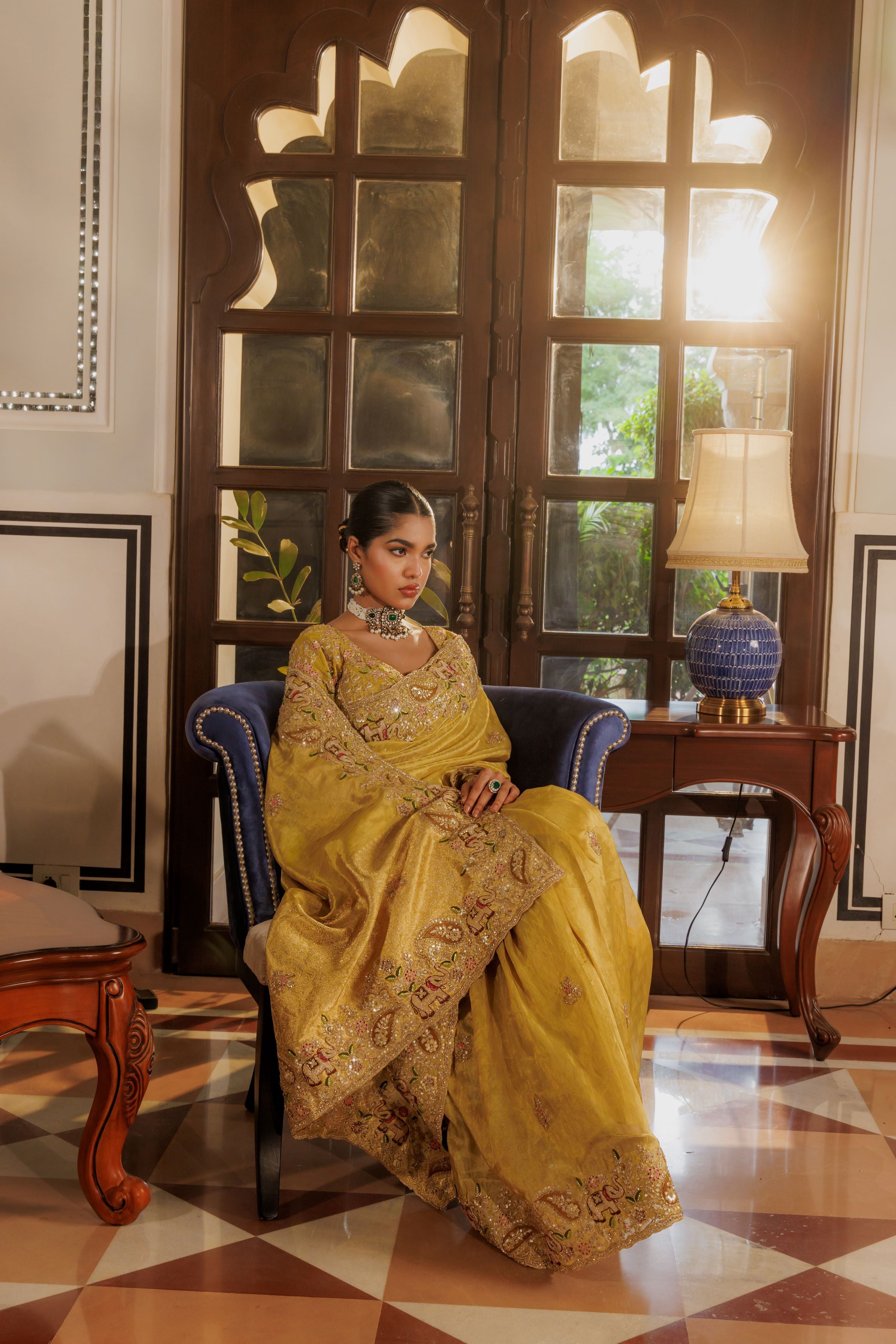 Golden Embroidered Kanjivaram Silk Saree