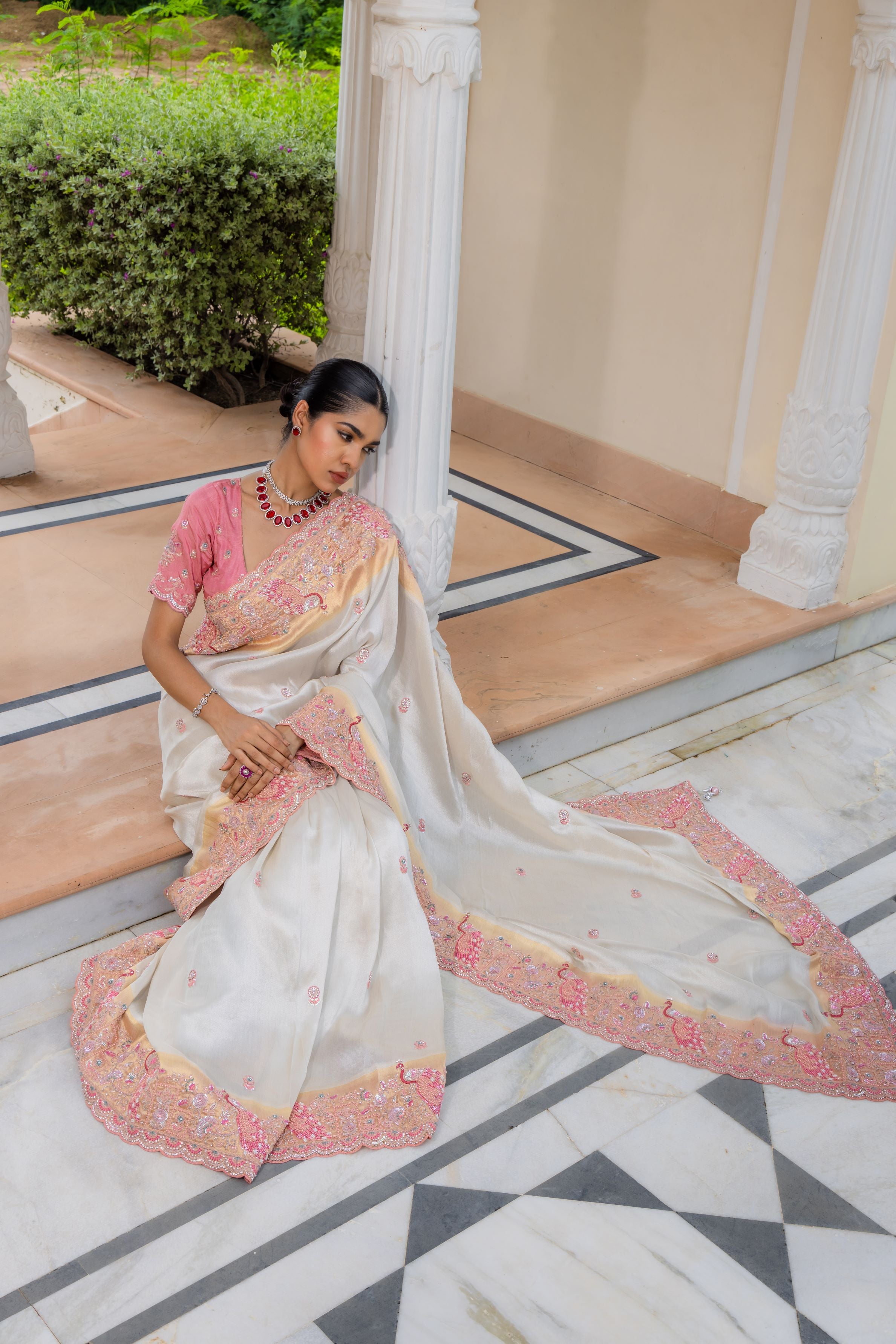 Ivory Embroidered Banarasi Silk Saree