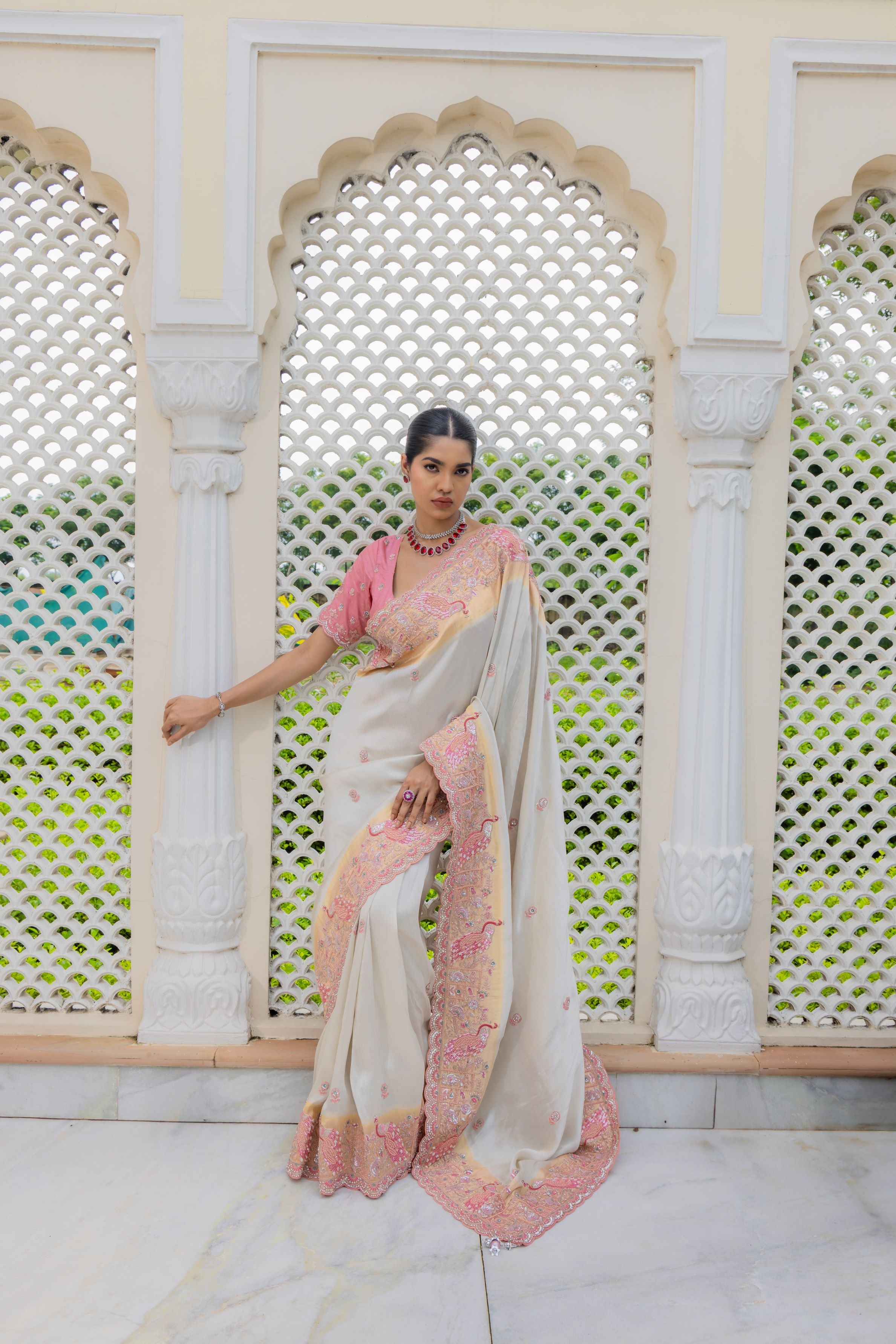 Ivory Embroidered Banarasi Silk Saree