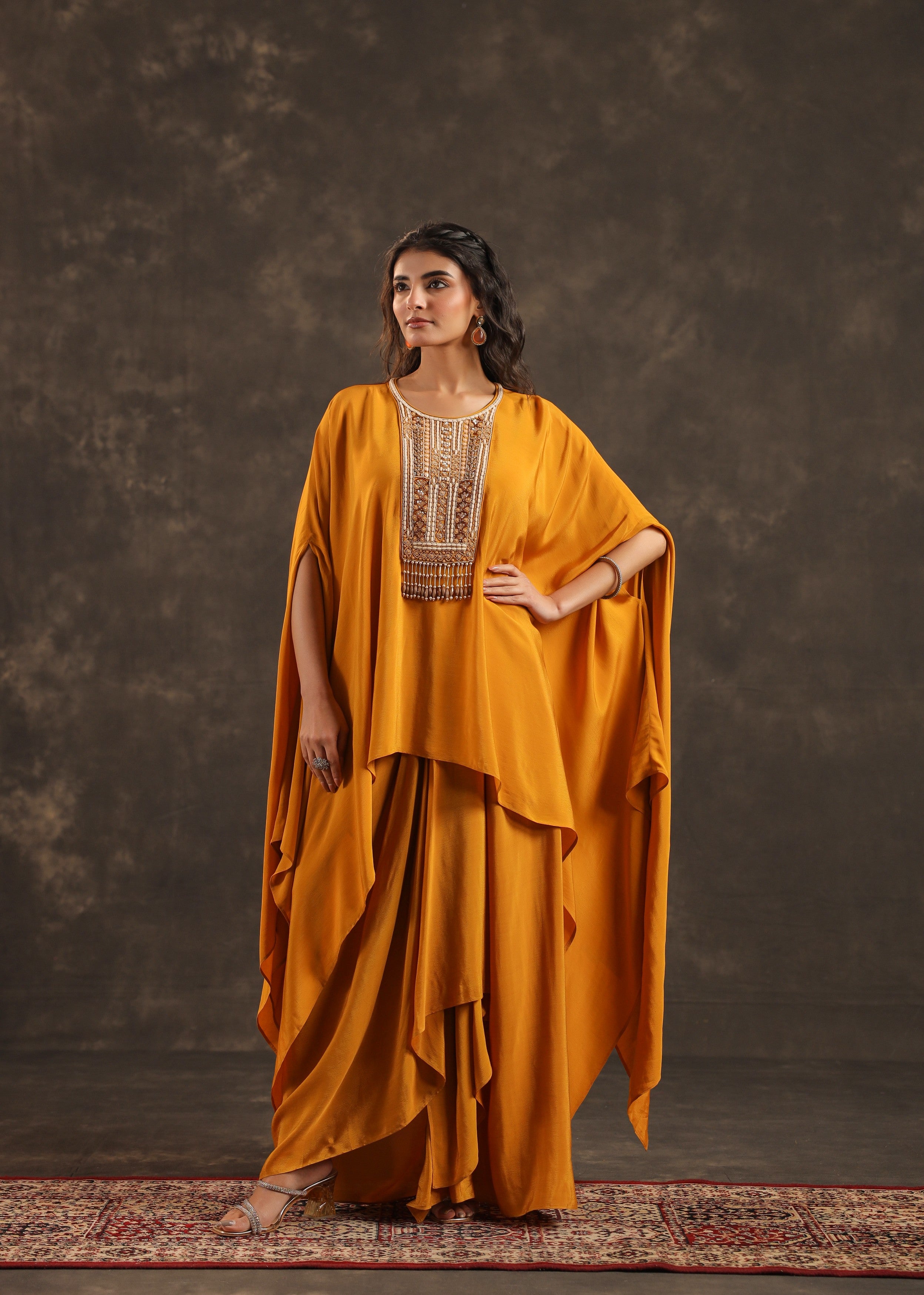 Saffron Embellished Crepe Silk Kaftan Set