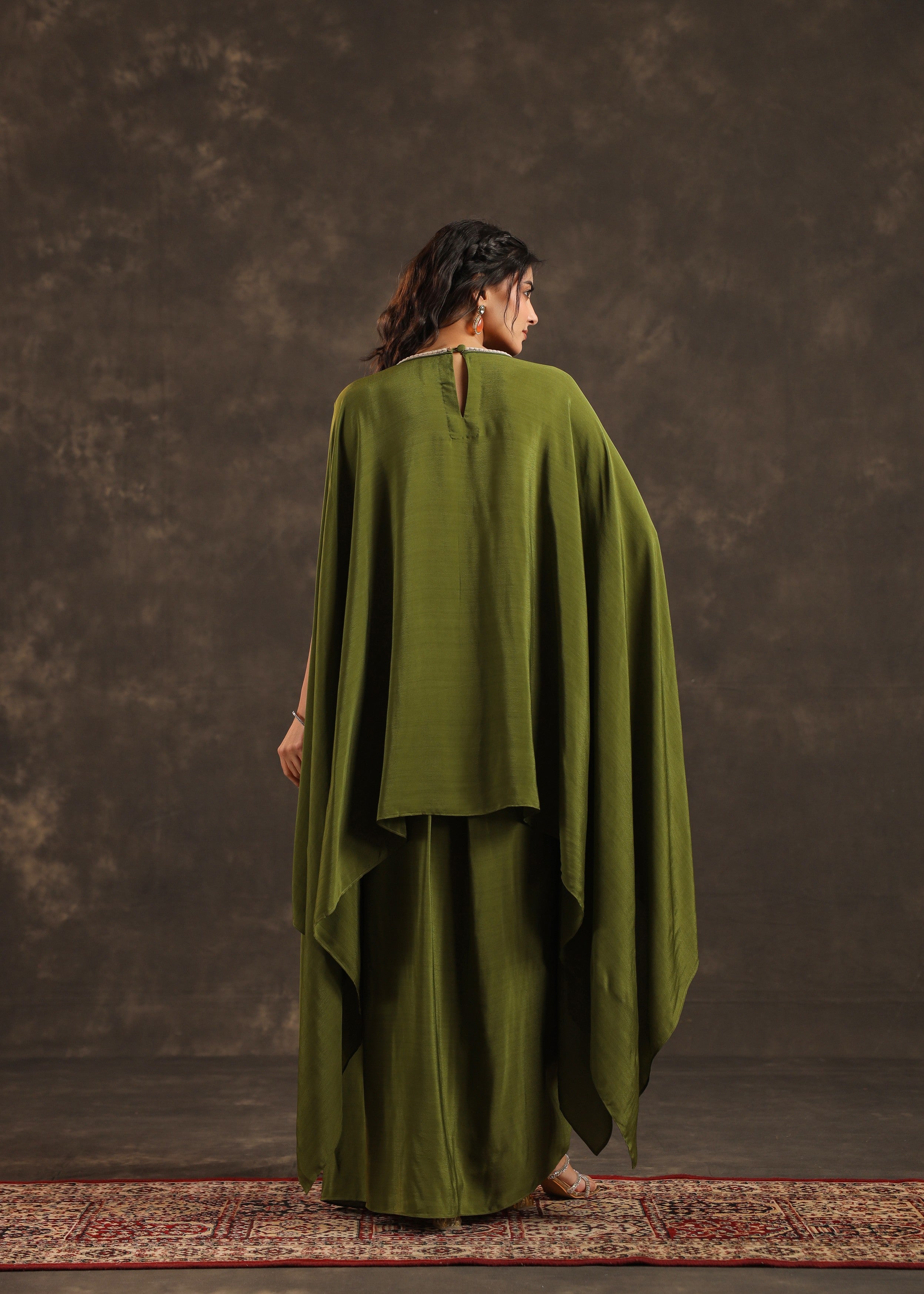 Olive Embellished Crepe Silk Kaftan Set