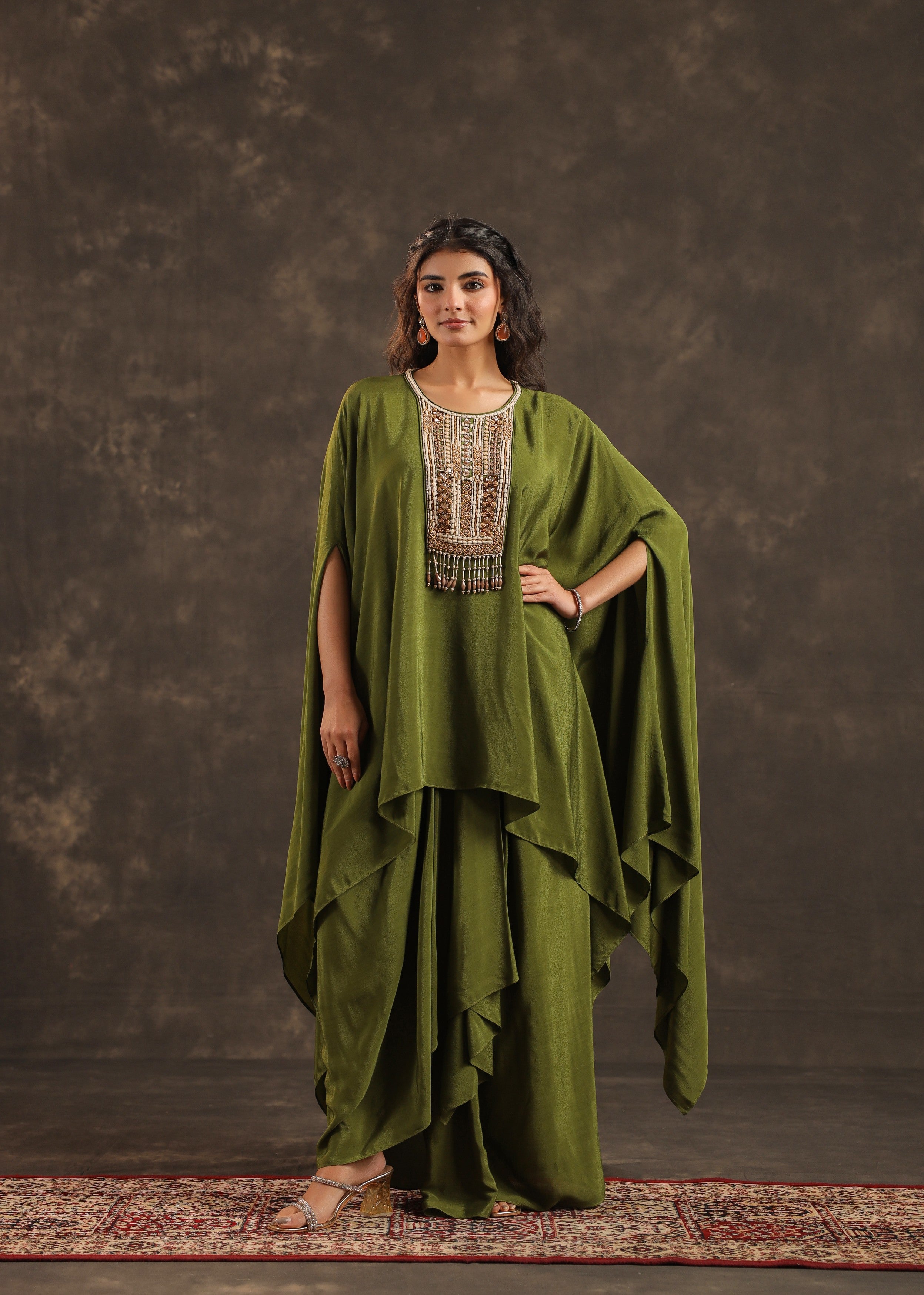 Olive Embellished Crepe Silk Kaftan Set