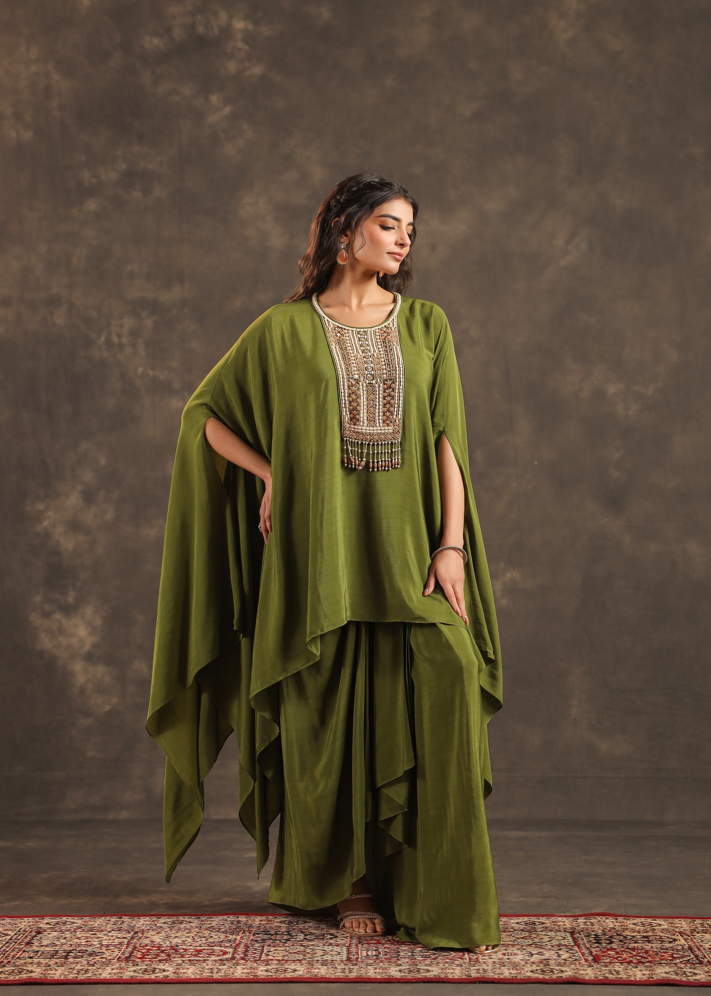 Olive Embellished Crepe Silk Kaftan Set