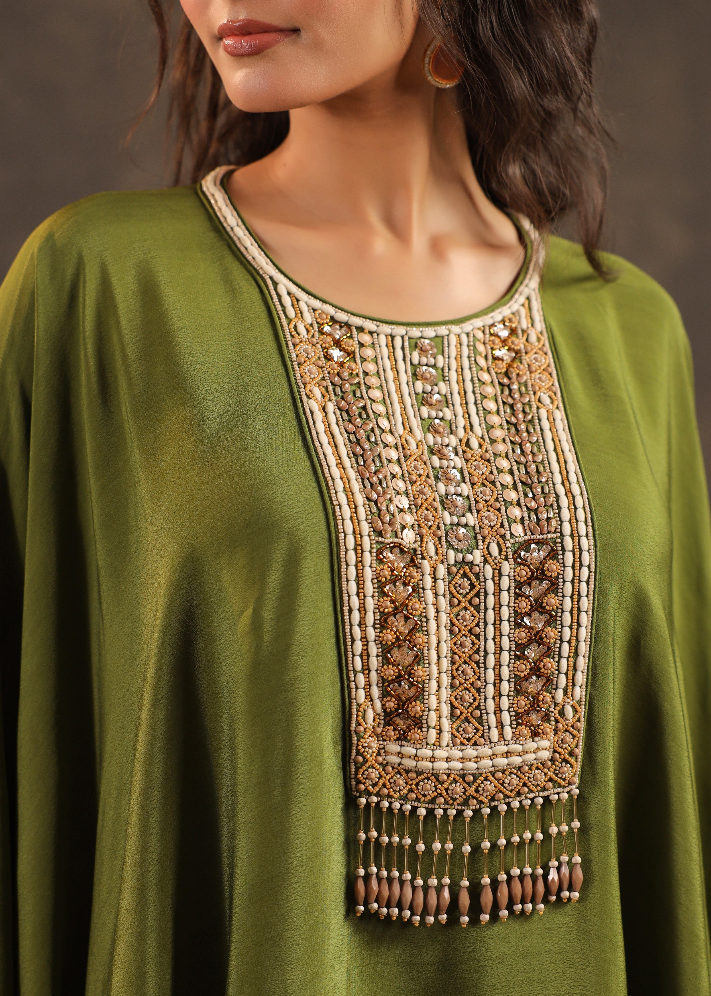 Olive Embellished Crepe Silk Kaftan Set