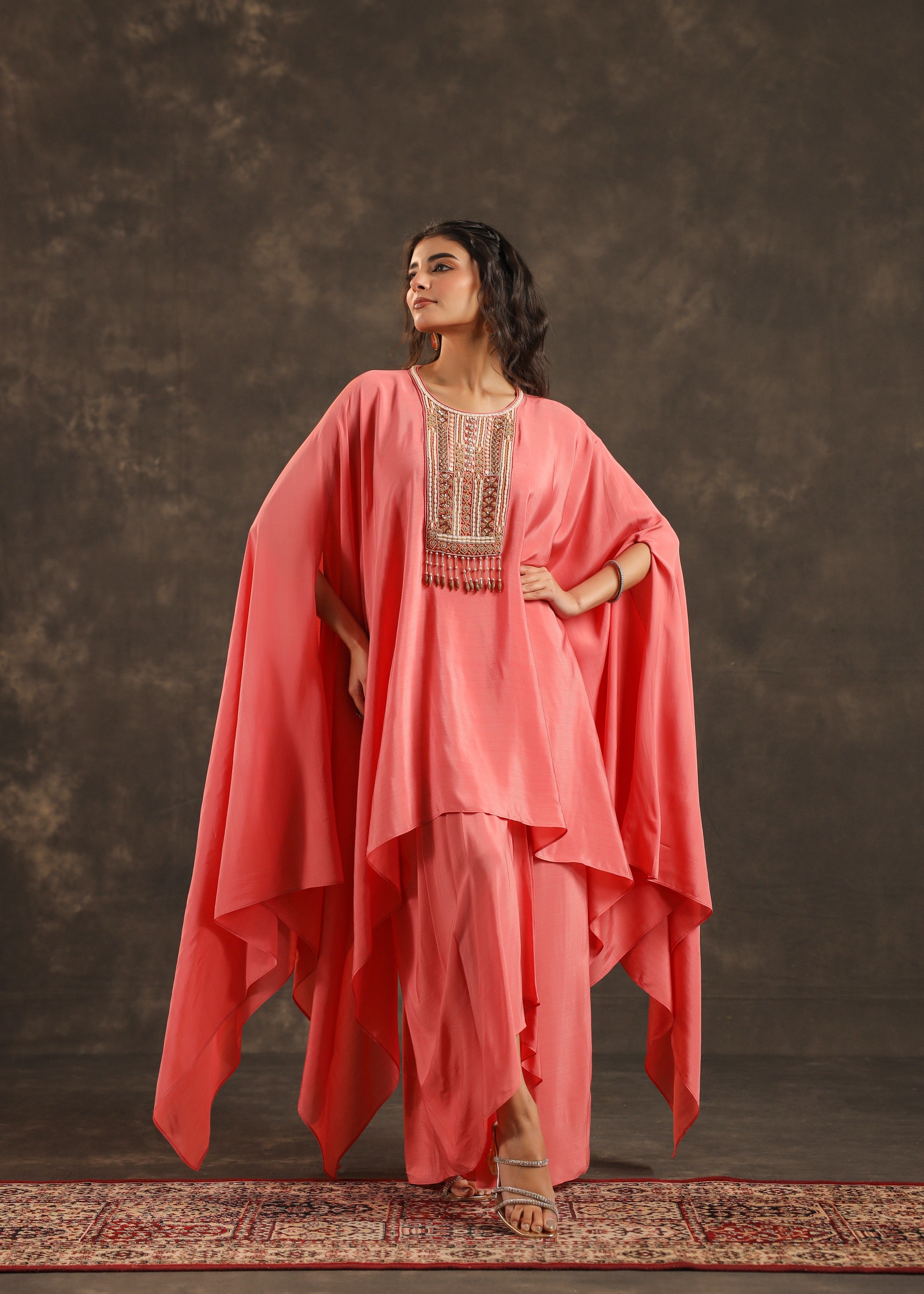 Blush Embellished Crepe Silk Kaftan Set