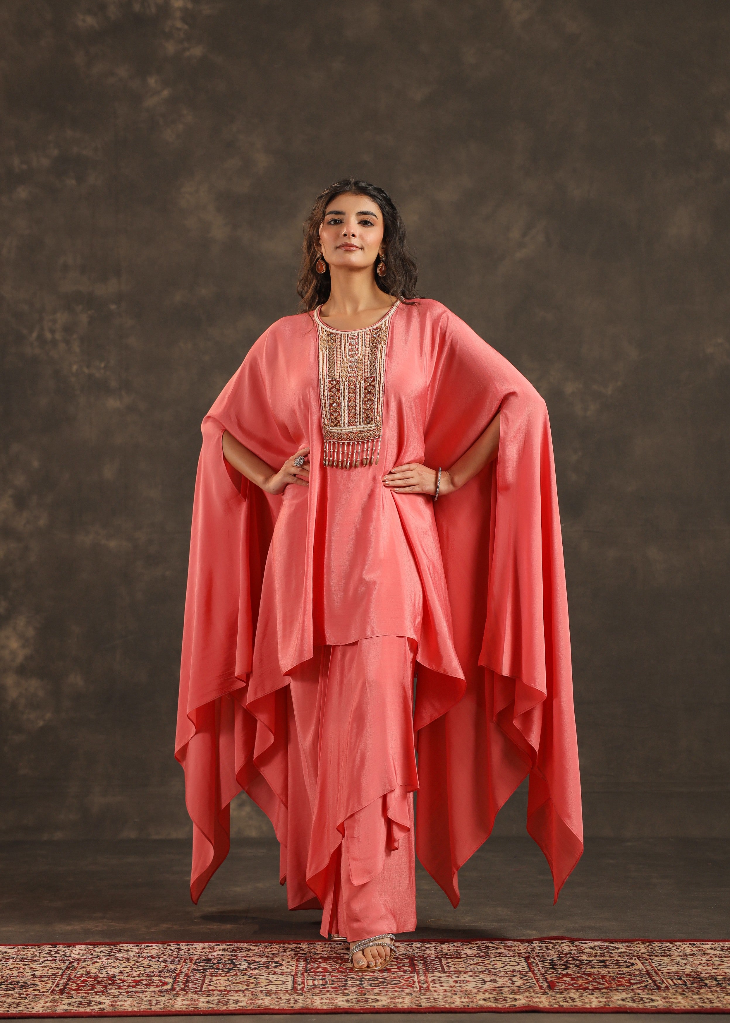 Blush Embellished Crepe Silk Kaftan Set