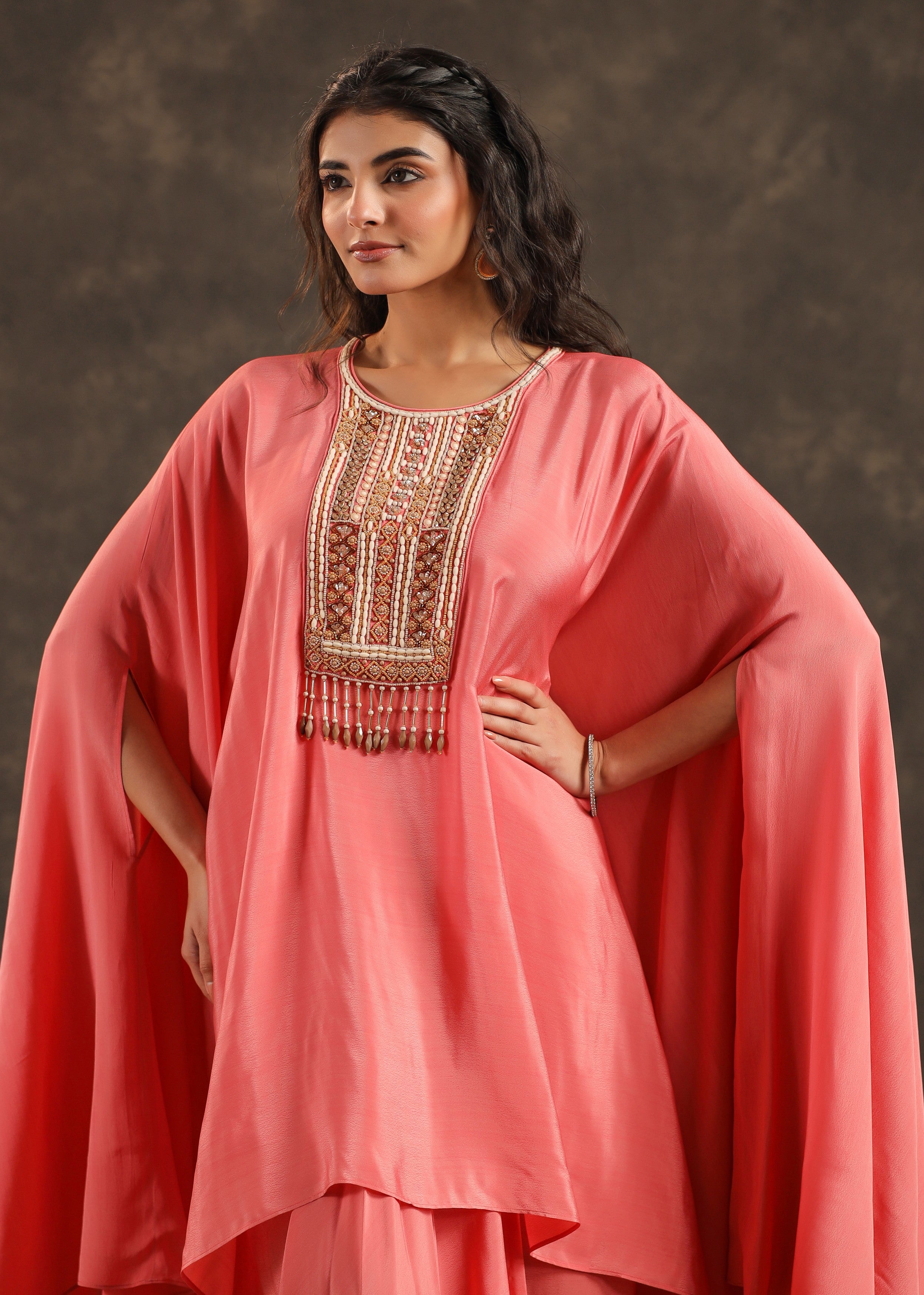 Blush Embellished Crepe Silk Kaftan Set