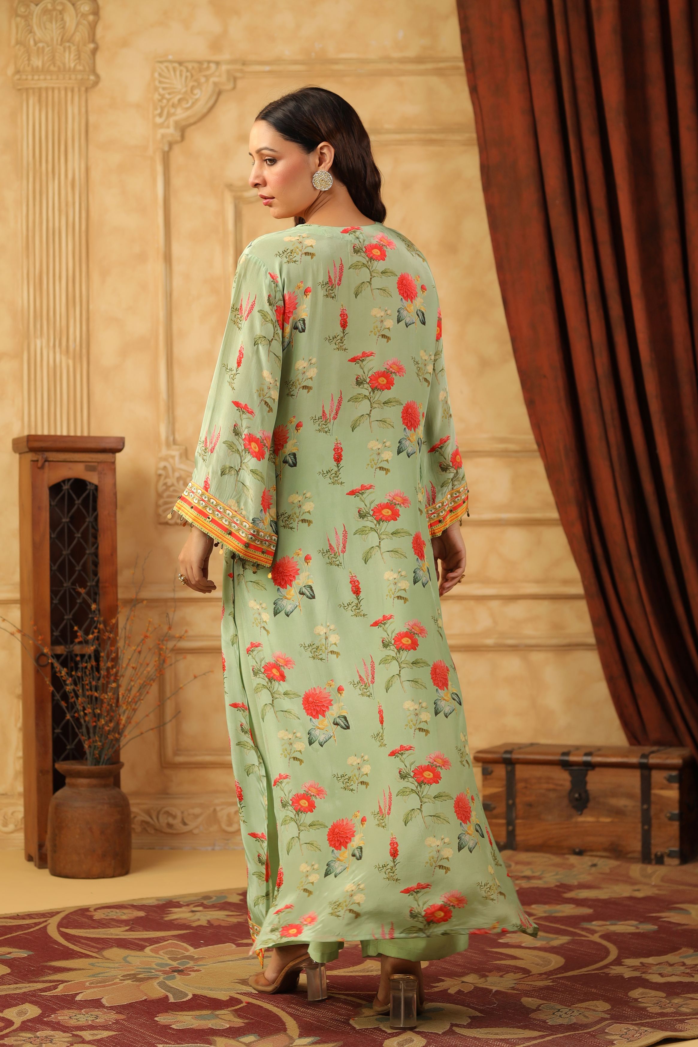Green Printed Modal Satin Silk Kurta Set