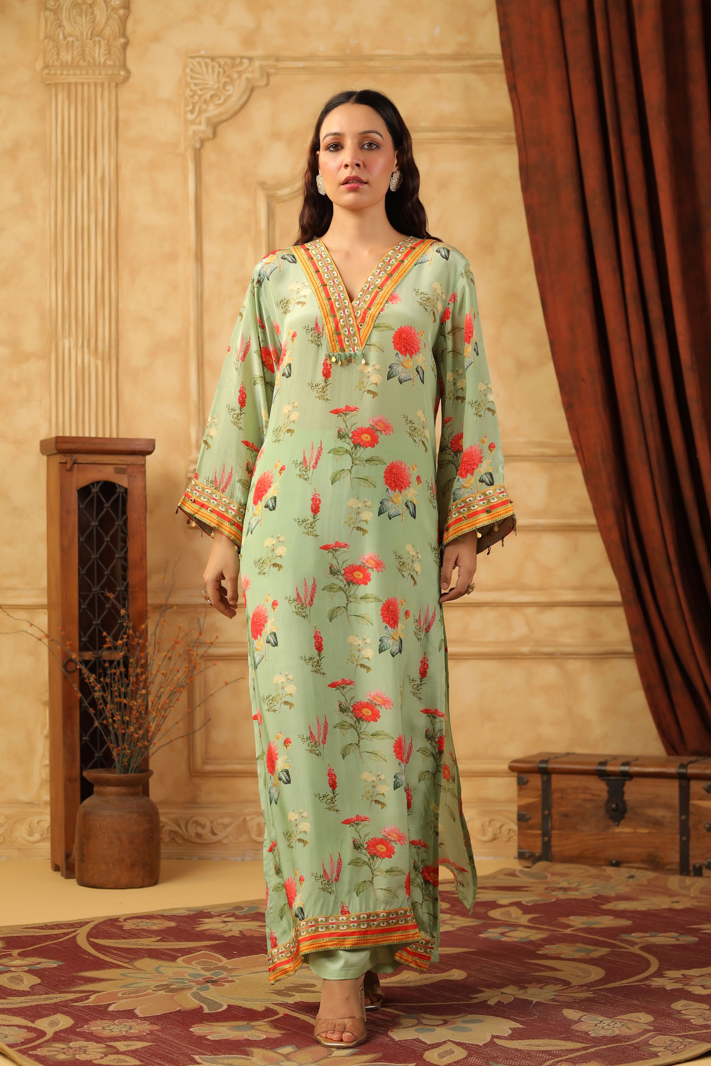Green Printed Modal Satin Silk Kurta Set