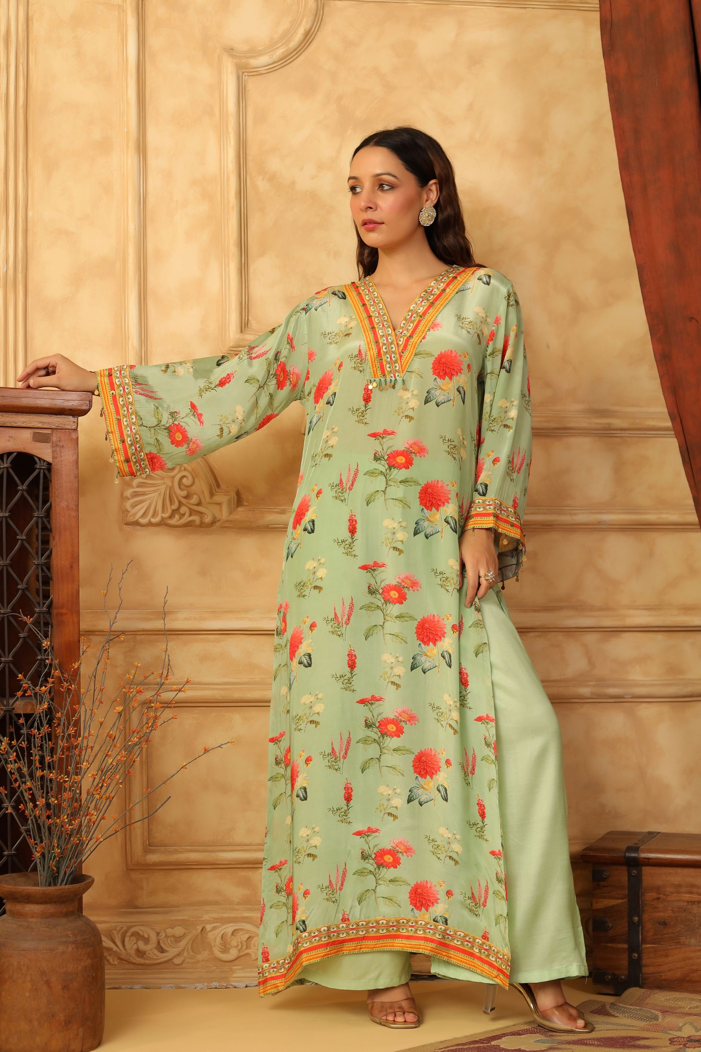 Green Printed Modal Satin Silk Kurta Set