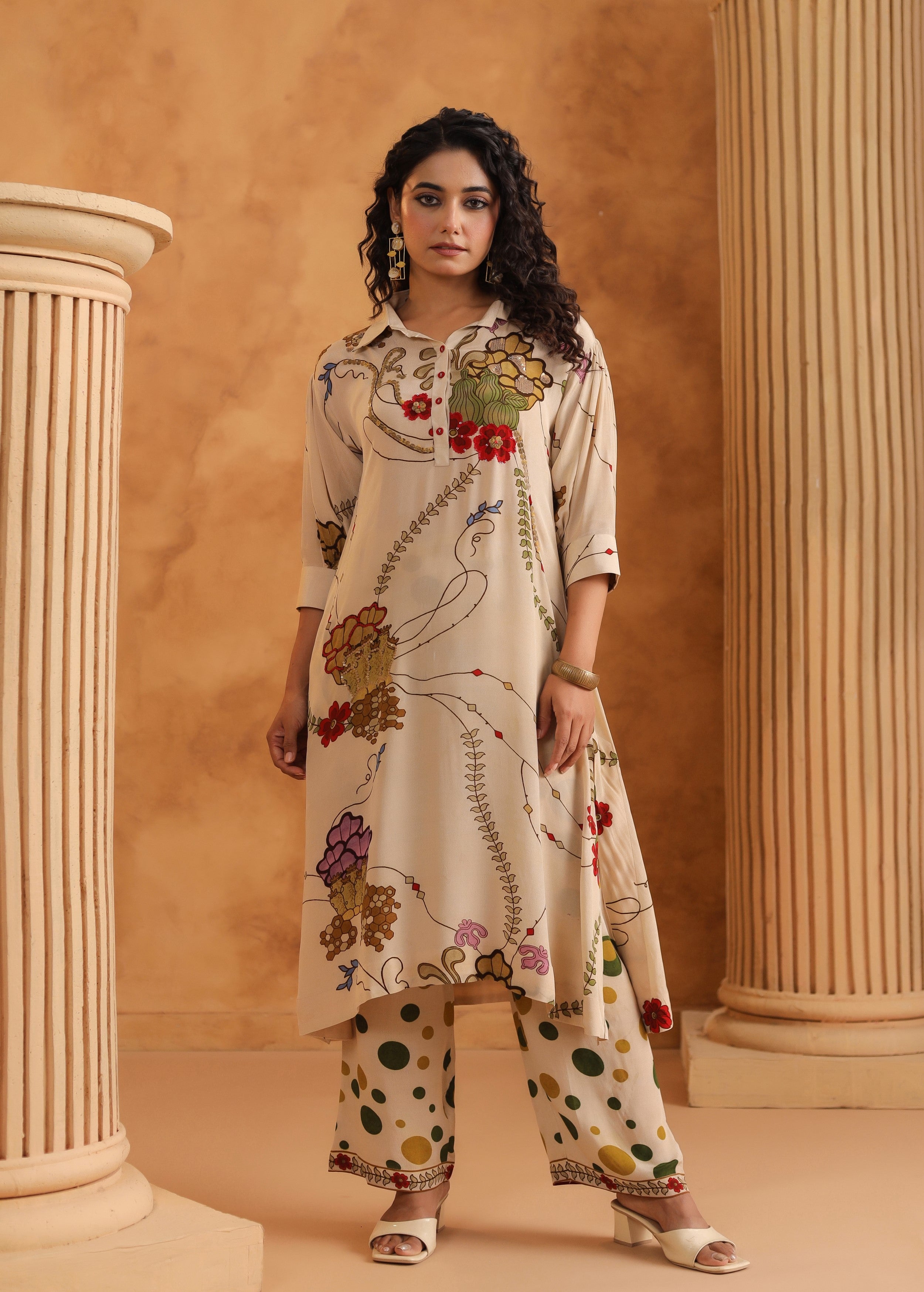 Beige Printed Viscose Crepe Kurta Set