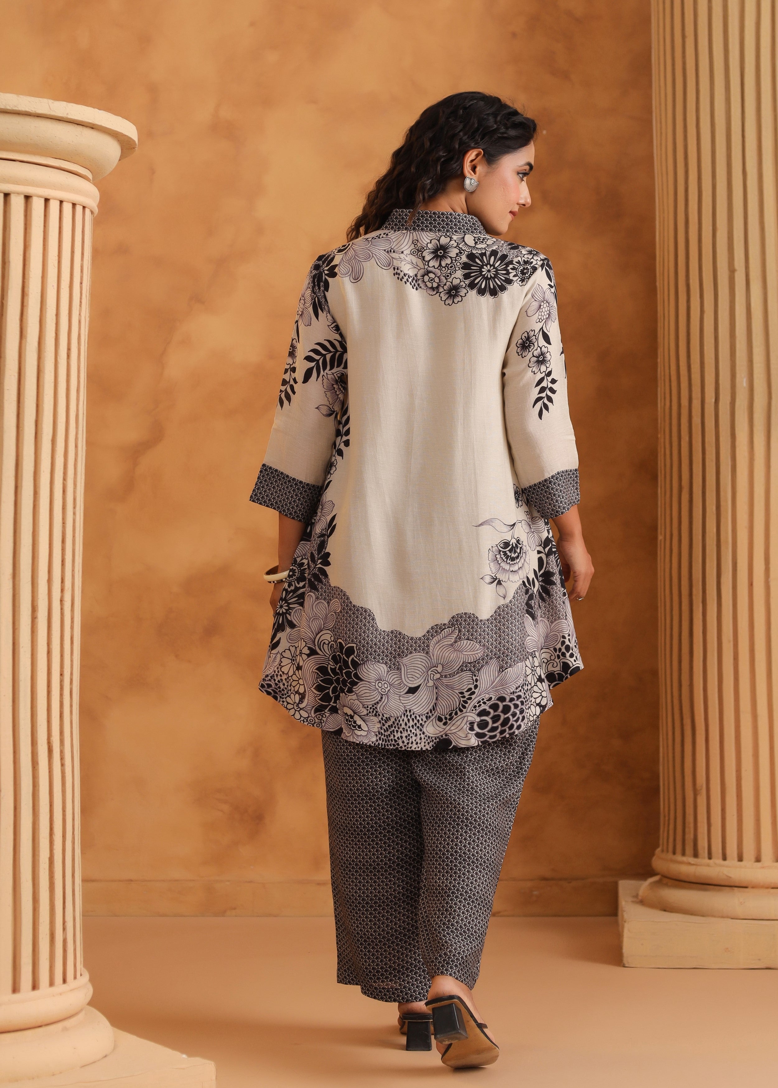 Monochrome Floral Printed Pure Linen Co-Ord Set