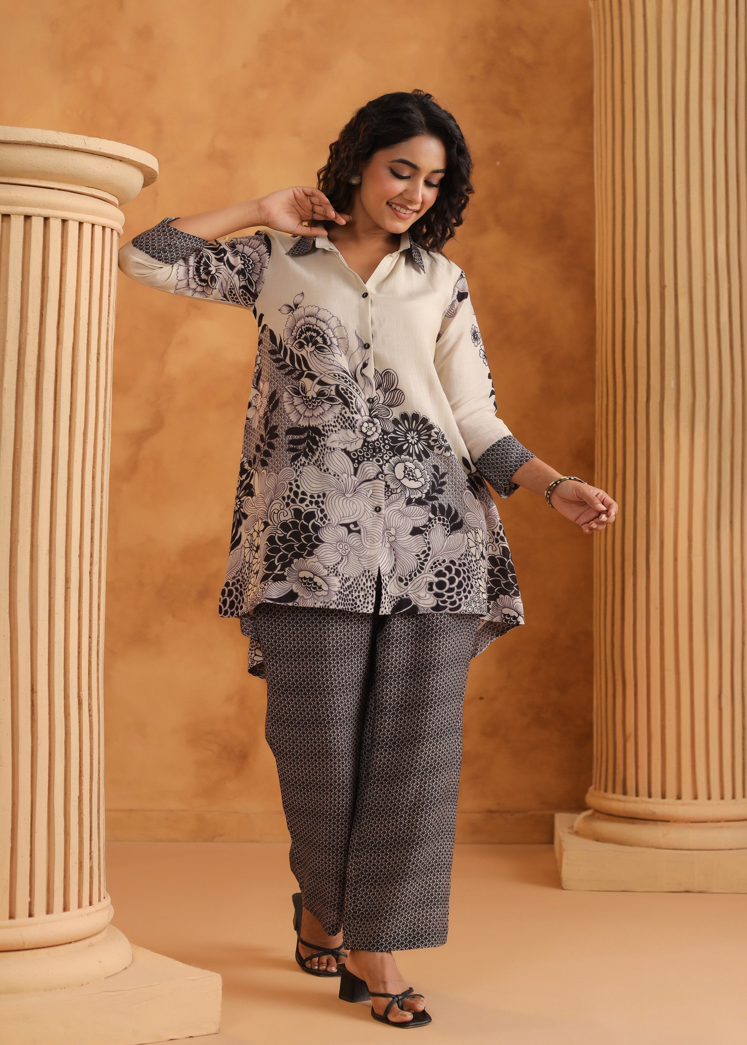 Monochrome Floral Printed Pure Linen Co-Ord Set