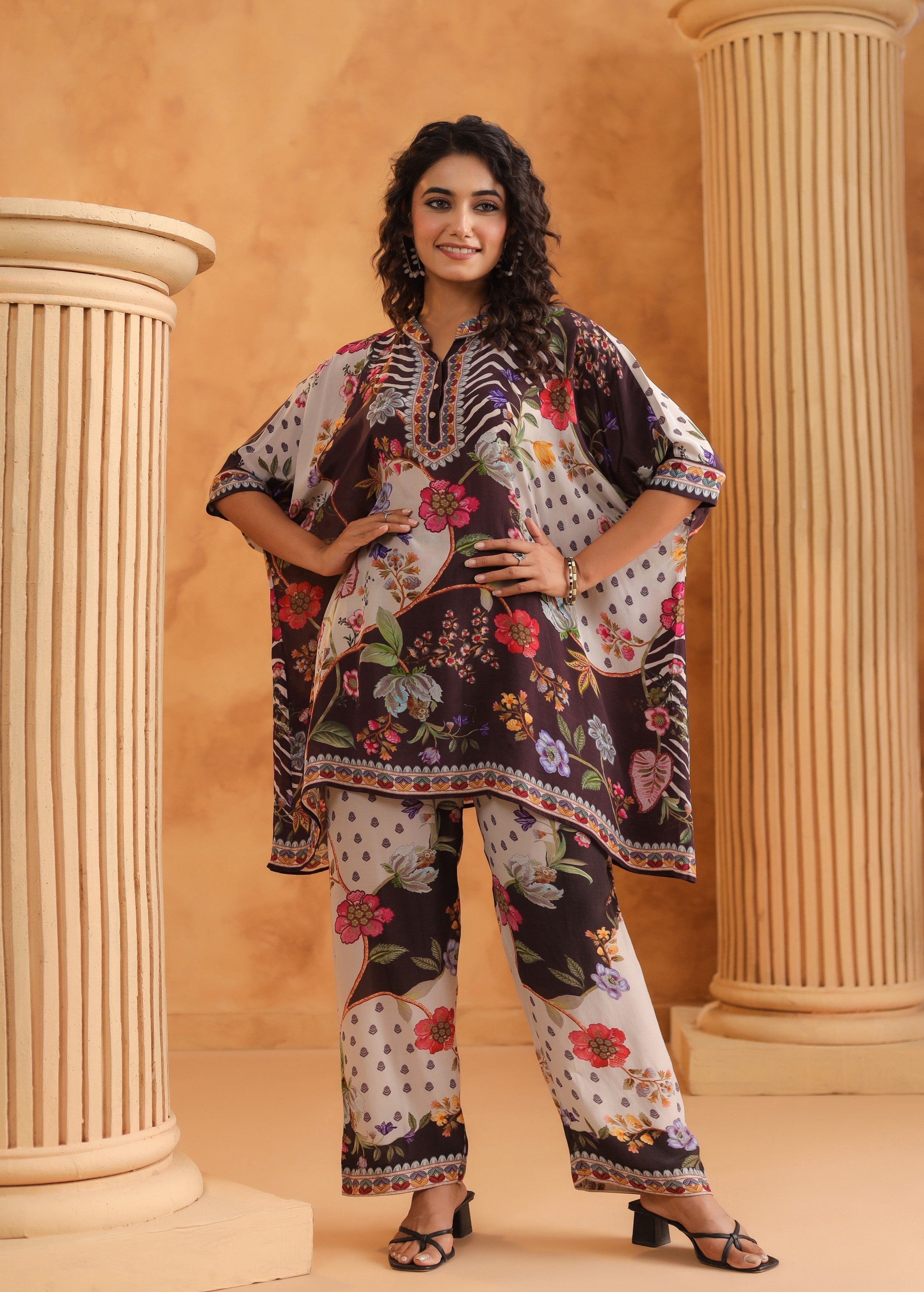 Brown Multi-Print Viscose Crepe Co-Ord Set