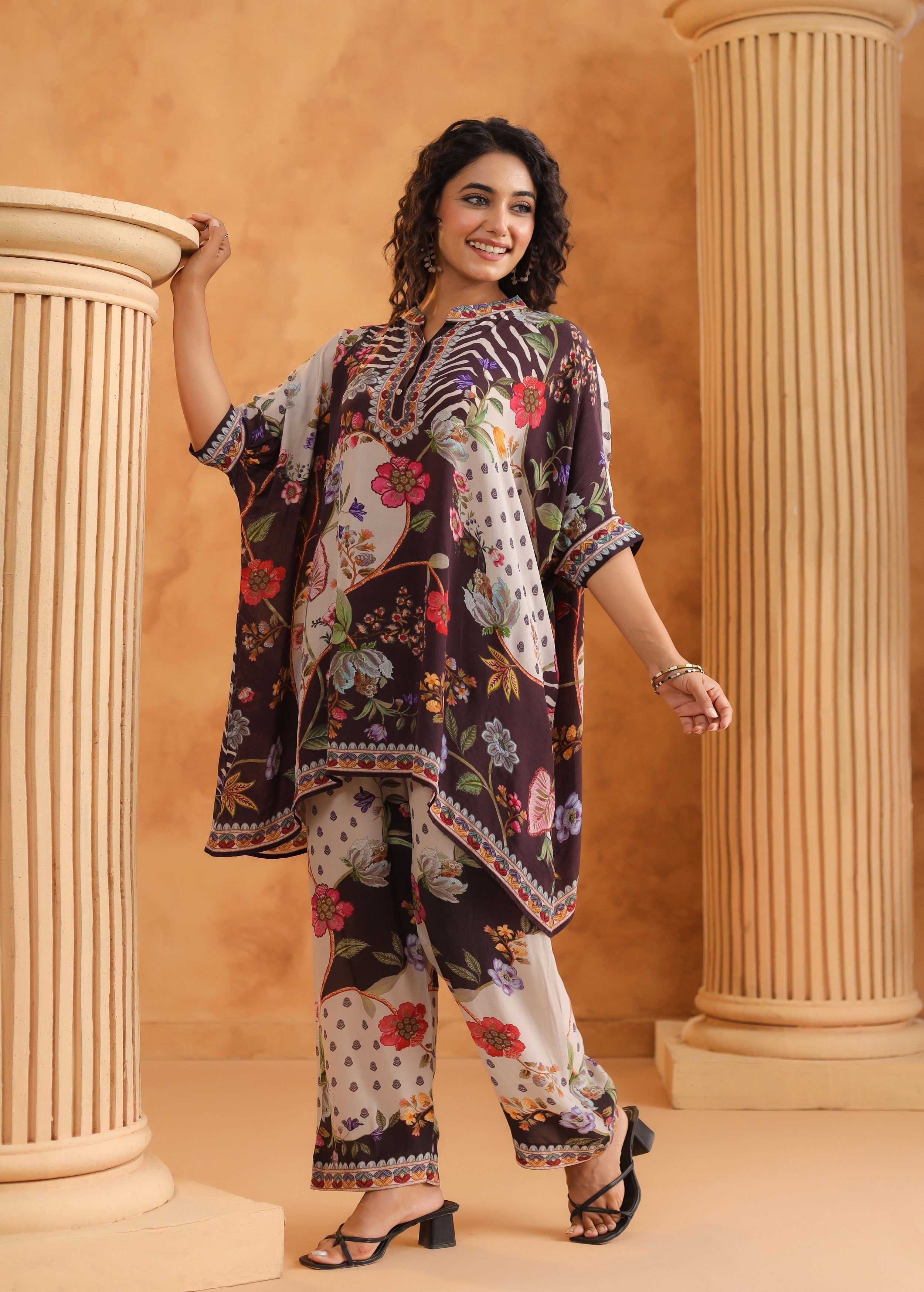 Brown Multi-Print Viscose Crepe Co-Ord Set