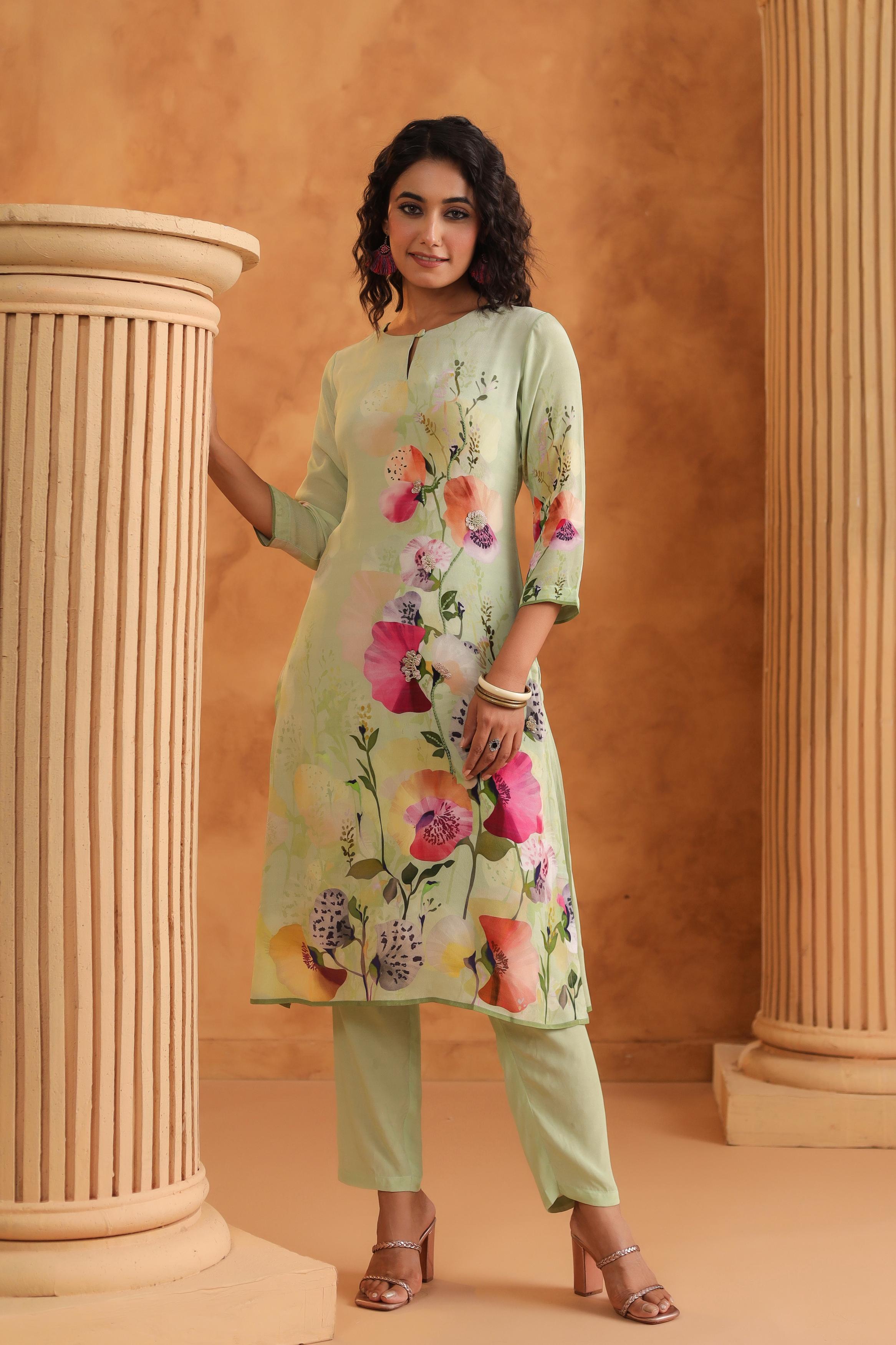 Pastel Green Printed Viscose Crepe Kurta Set