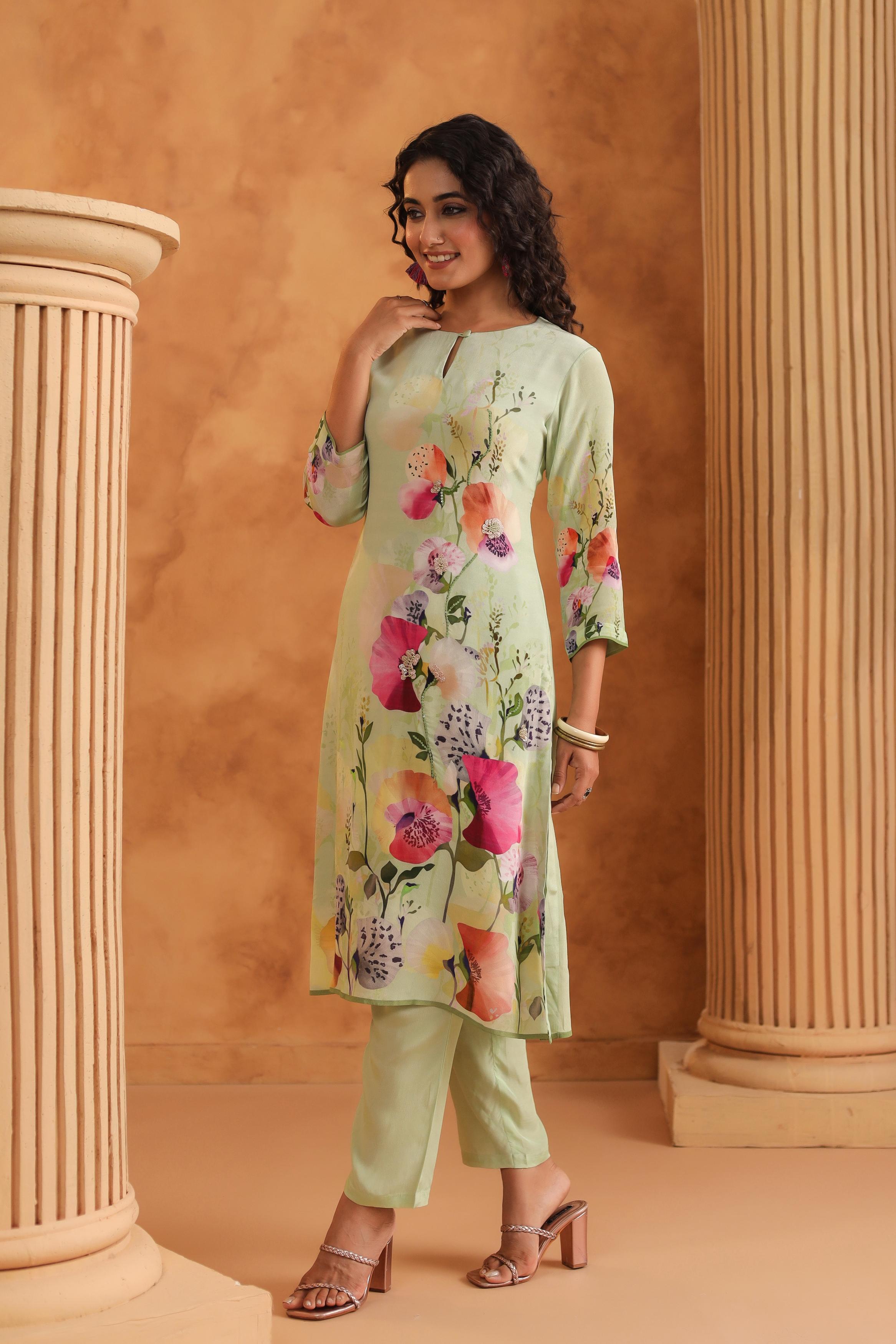 Pastel Green Printed Viscose Crepe Kurta Set