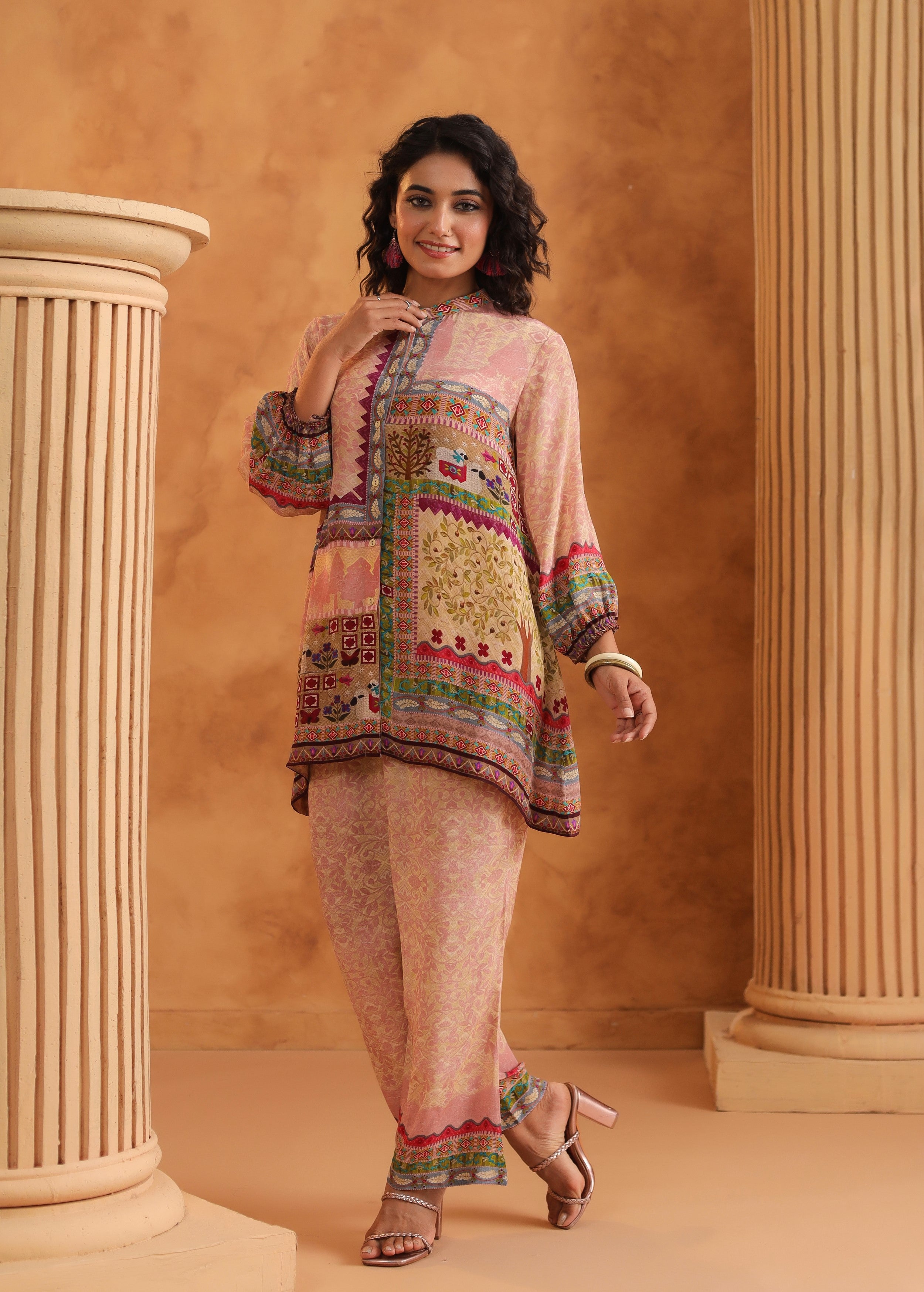 Pastel Pink Printed Viscose Crepe Co-Ord Set