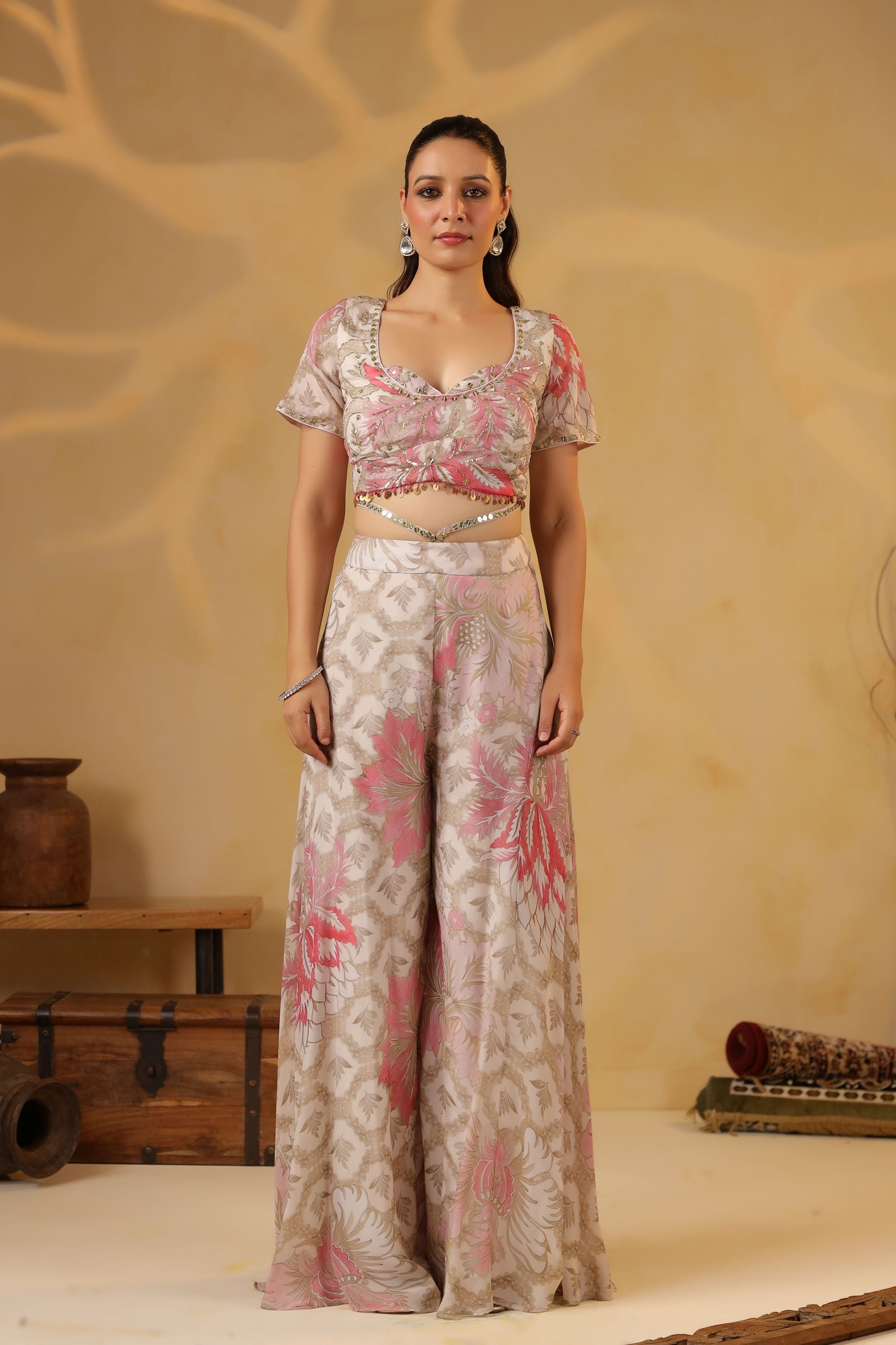 Pastel Pink Printed Muslin Silk Cape Set