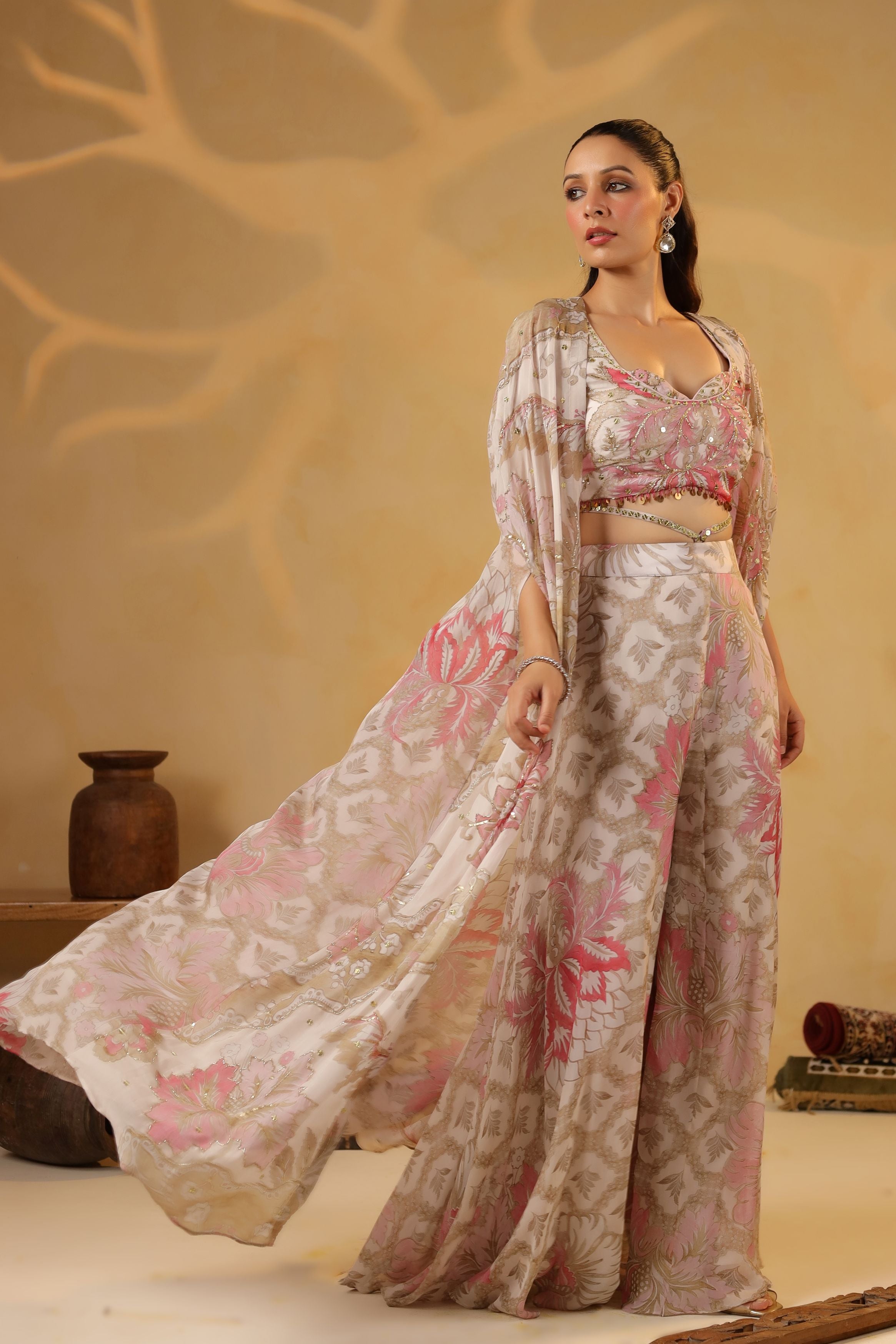 Pastel Pink Printed Muslin Silk Cape Set