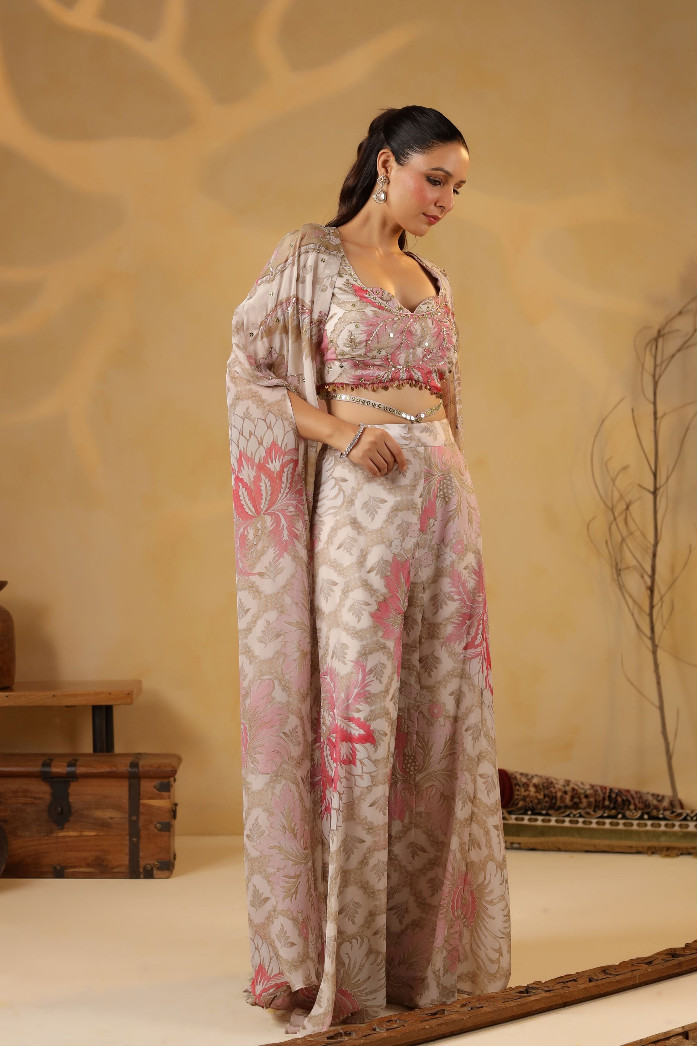 Pastel Pink Printed Muslin Silk Cape Set