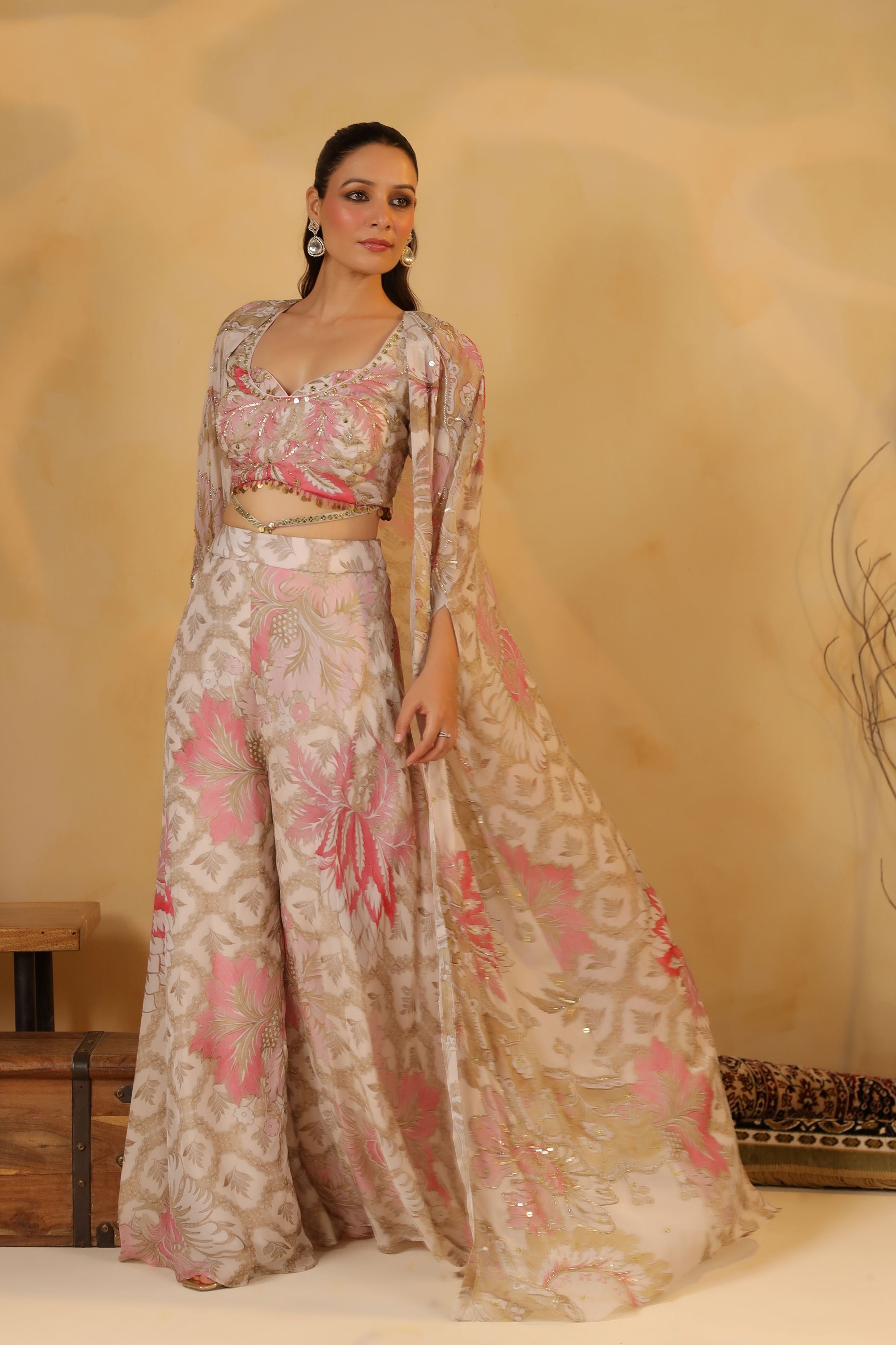 Pastel Pink Printed Muslin Silk Cape Set