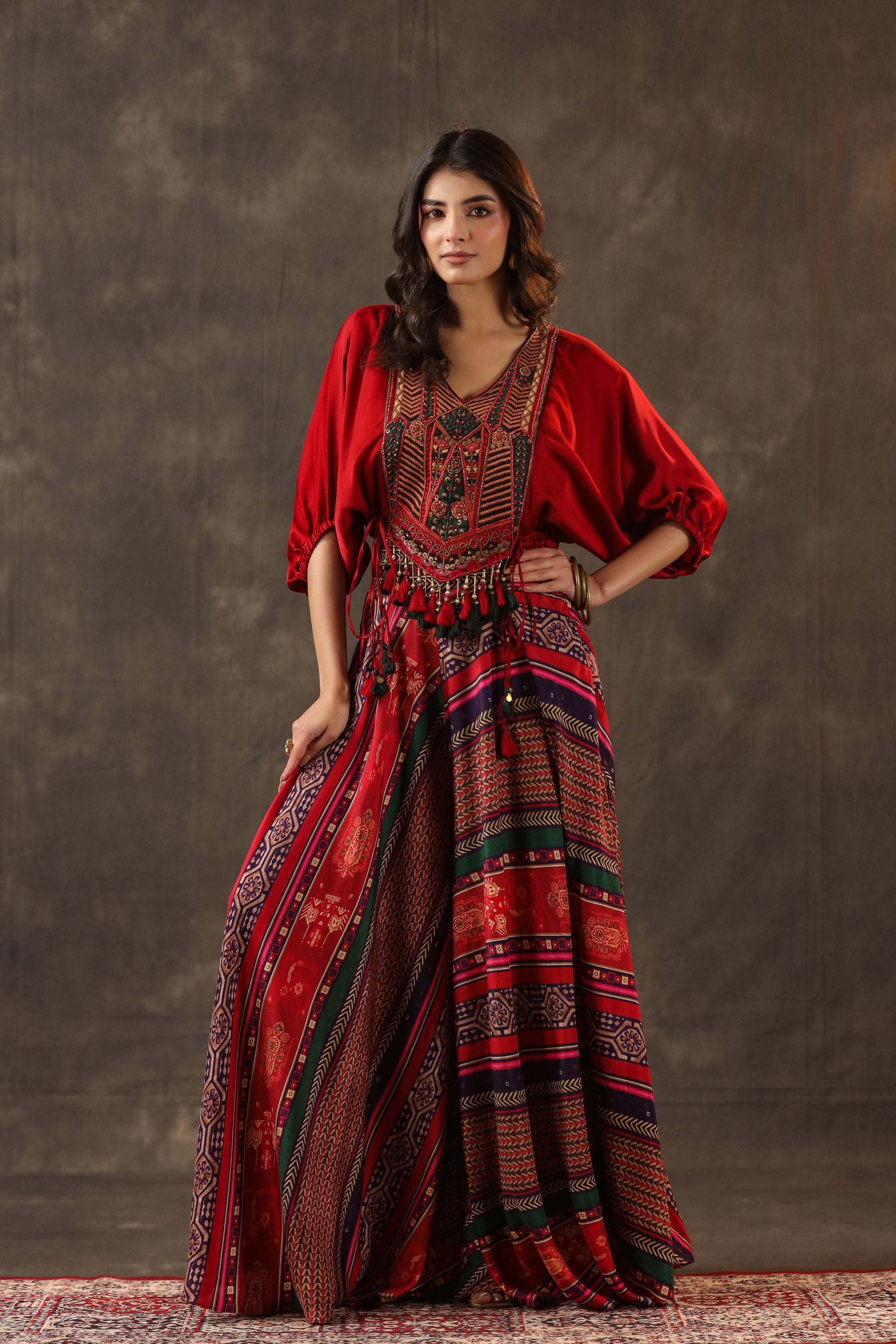 Ruby Red Embellished Crepe Silk Palazzo Set